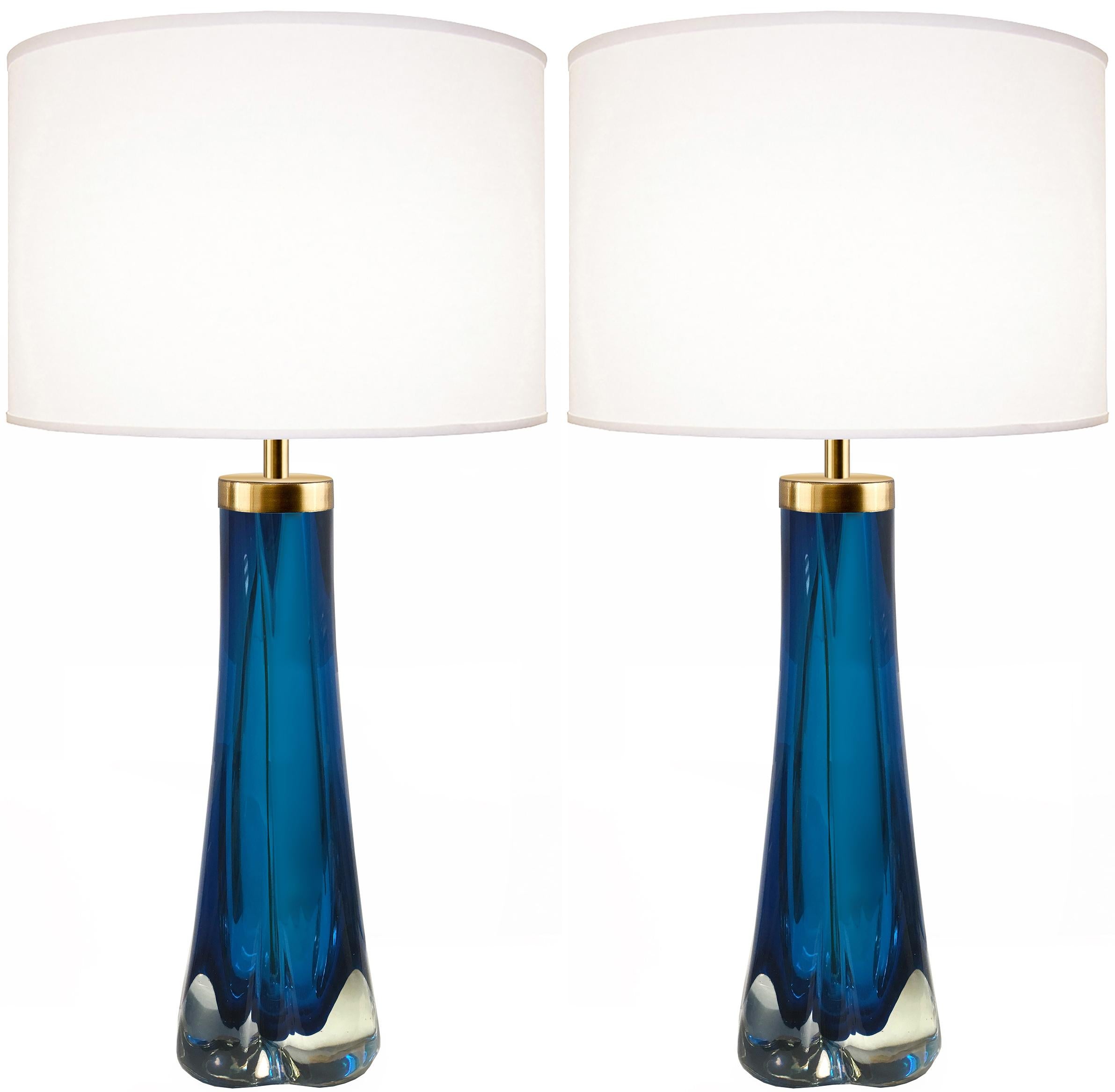 Pair of Thick Cased Blue Glass Lamps from Craig Van Den Brulle to Order In Excellent Condition For Sale In New York, NY