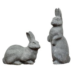 Pair of Thick Cast Lead Bunny Garden Ornaments