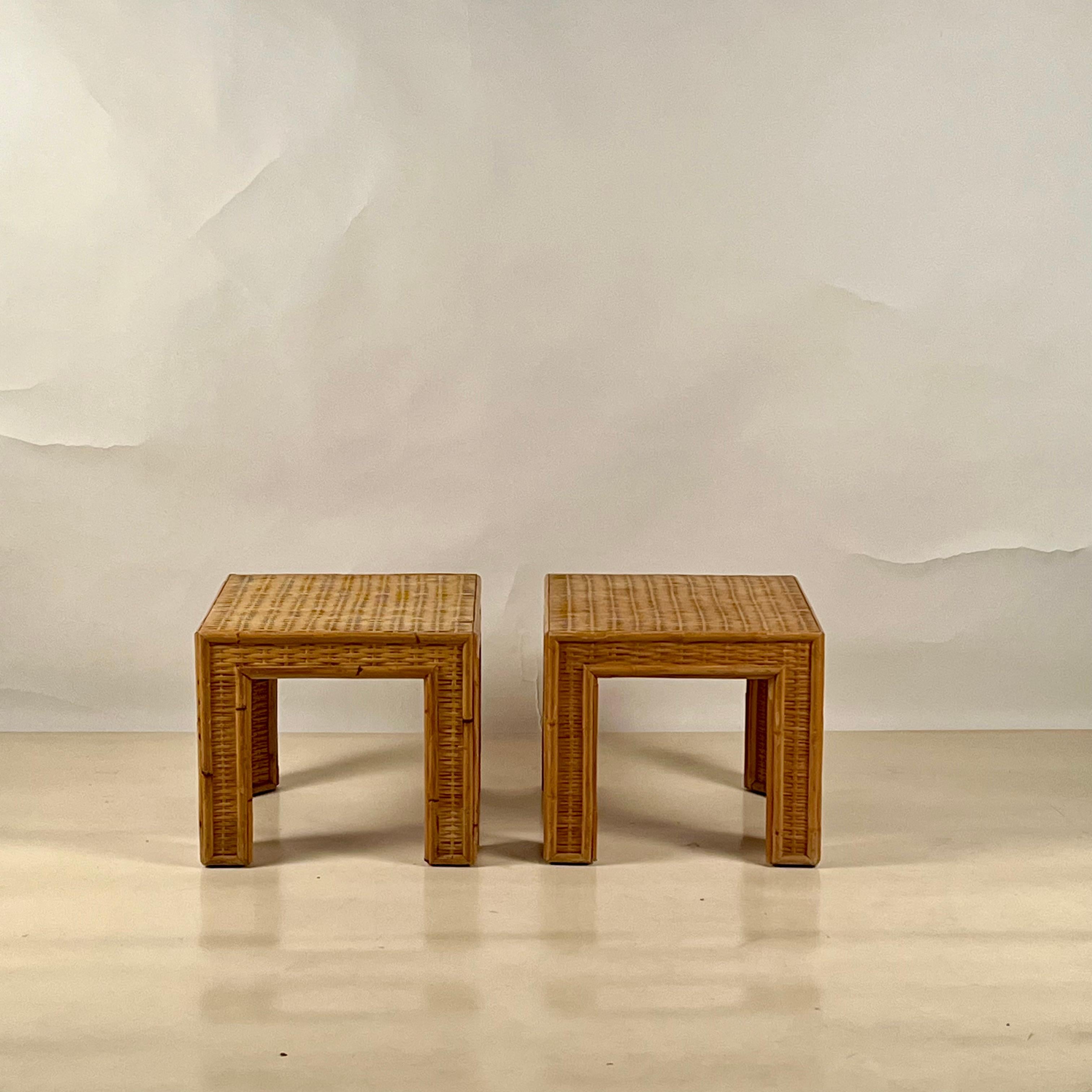 Pair of thick custom-made rattan and wicker end tables.

Sold as a pair.