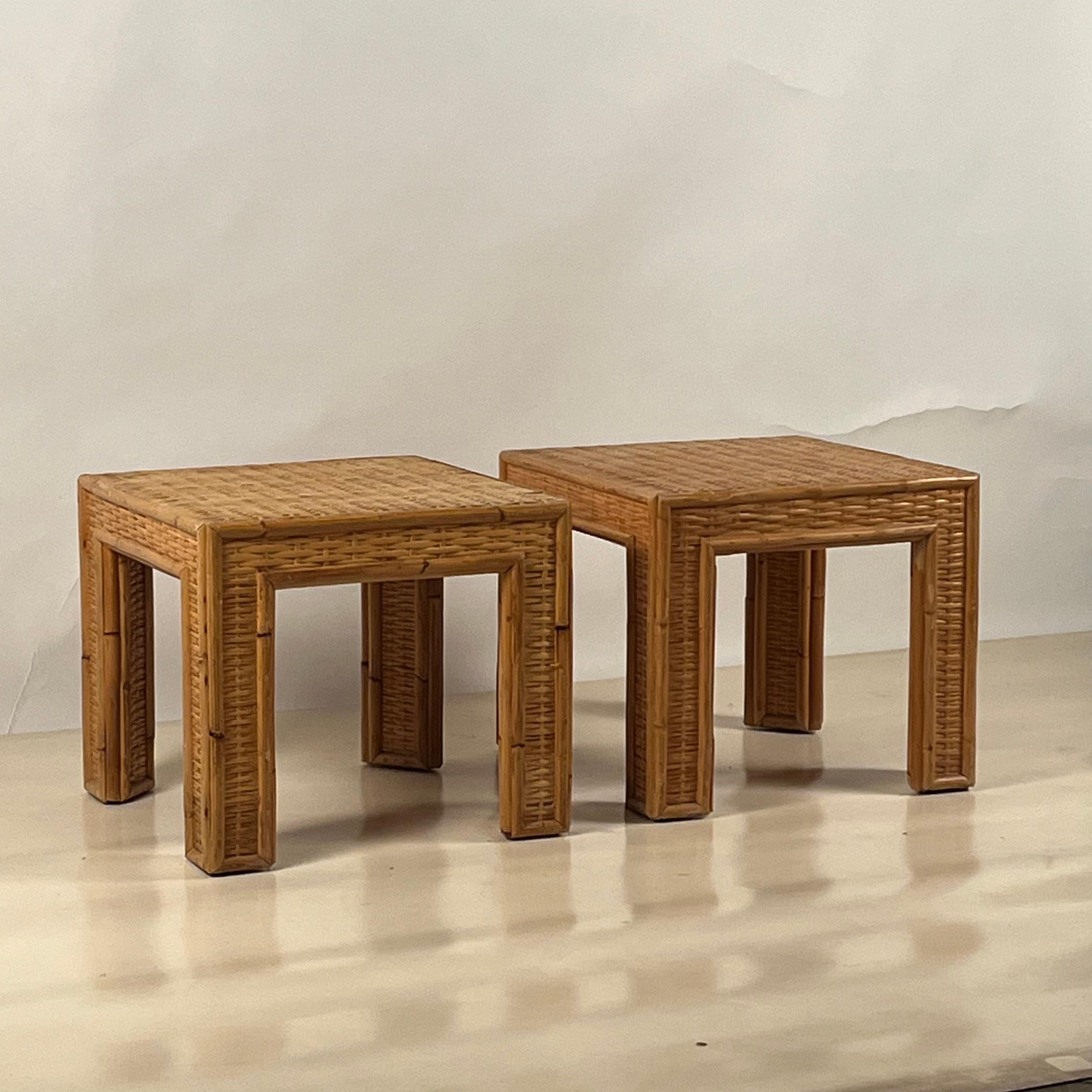 Organic Modern Pair of Thick Custom-Made Rattan and Wicker End Tables For Sale