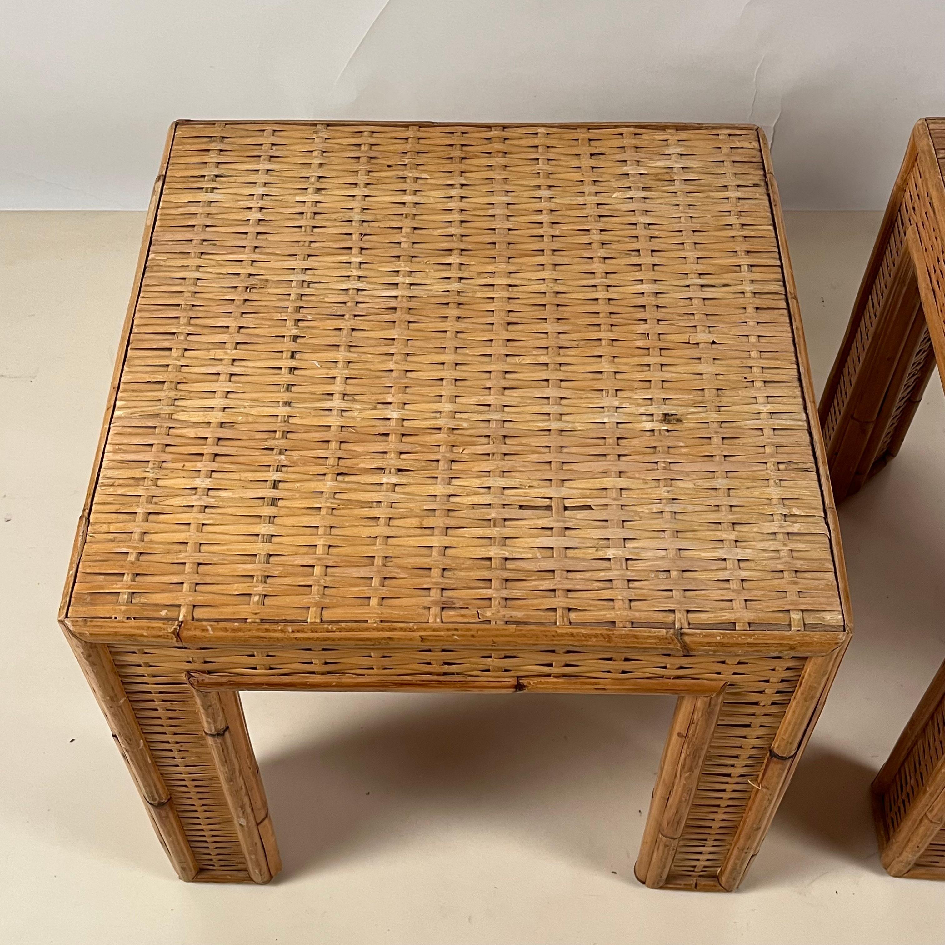 American Pair of Thick Custom-Made Rattan and Wicker End Tables For Sale