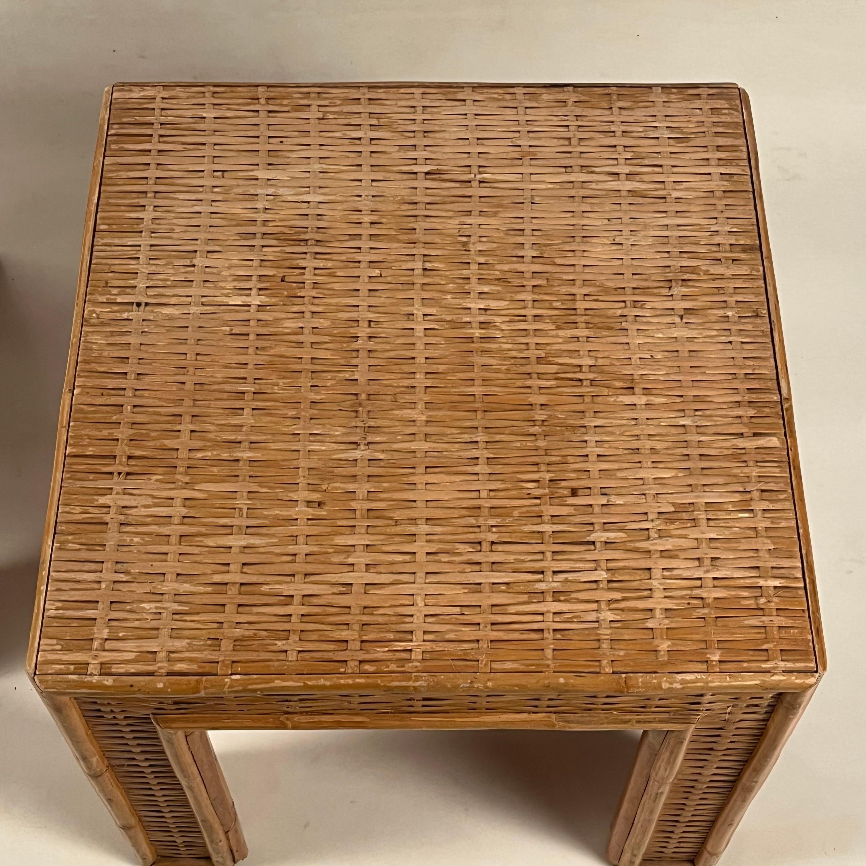 Pair of Thick Custom-Made Rattan and Wicker End Tables In Fair Condition In Los Angeles, CA