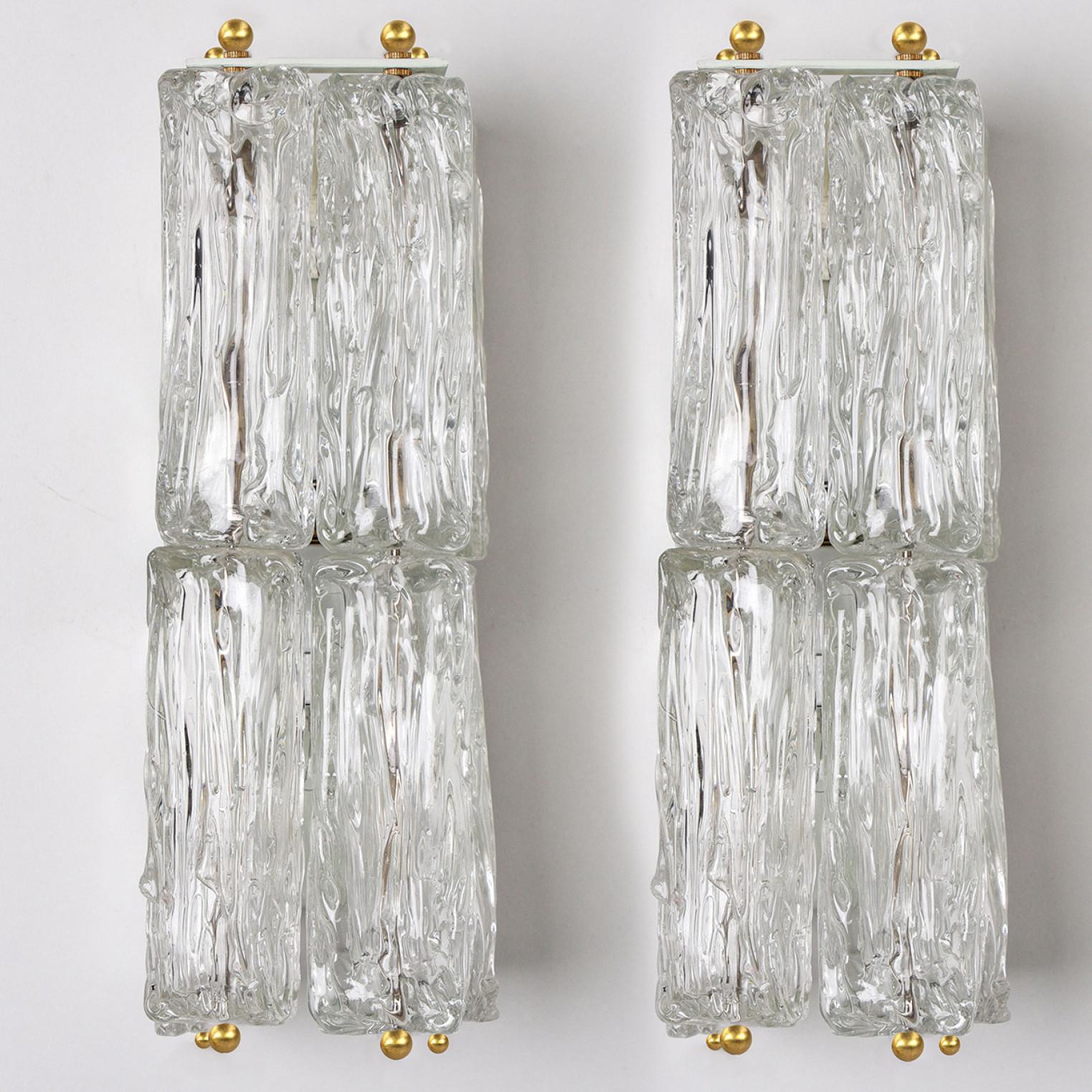 Pair of Thick Textured Glass and Brass Wall Lights by J.T. Kalmar, Austria, 1960 For Sale 3