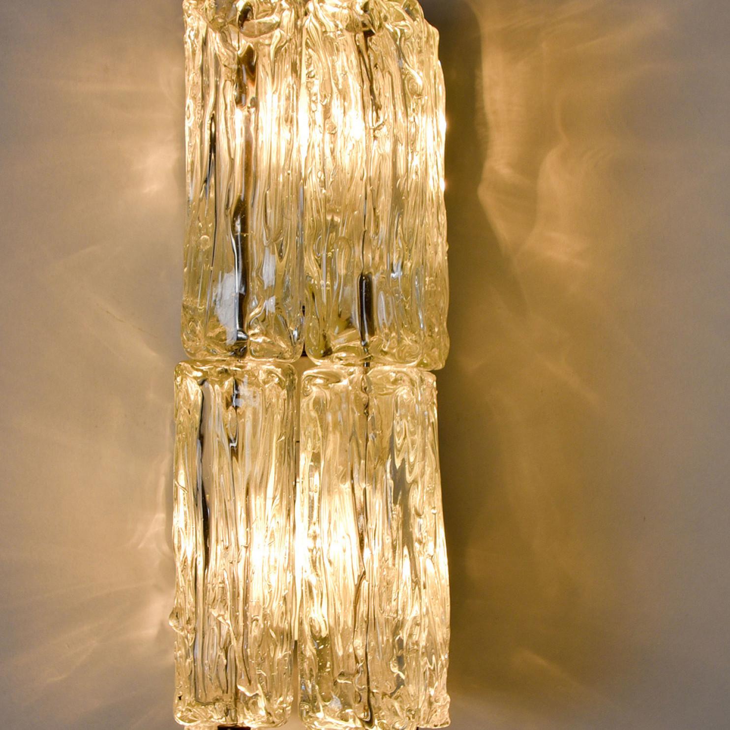 Pair of Thick Textured Glass and Brass Wall Lights by J.T. Kalmar, Austria, 1960 For Sale 4