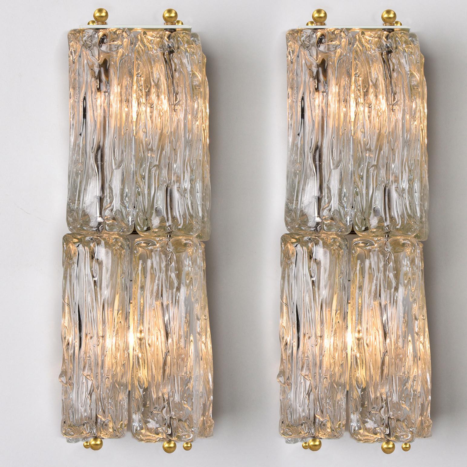 Other Pair of Thick Textured Glass and Brass Wall Lights by J.T. Kalmar, Austria, 1960 For Sale