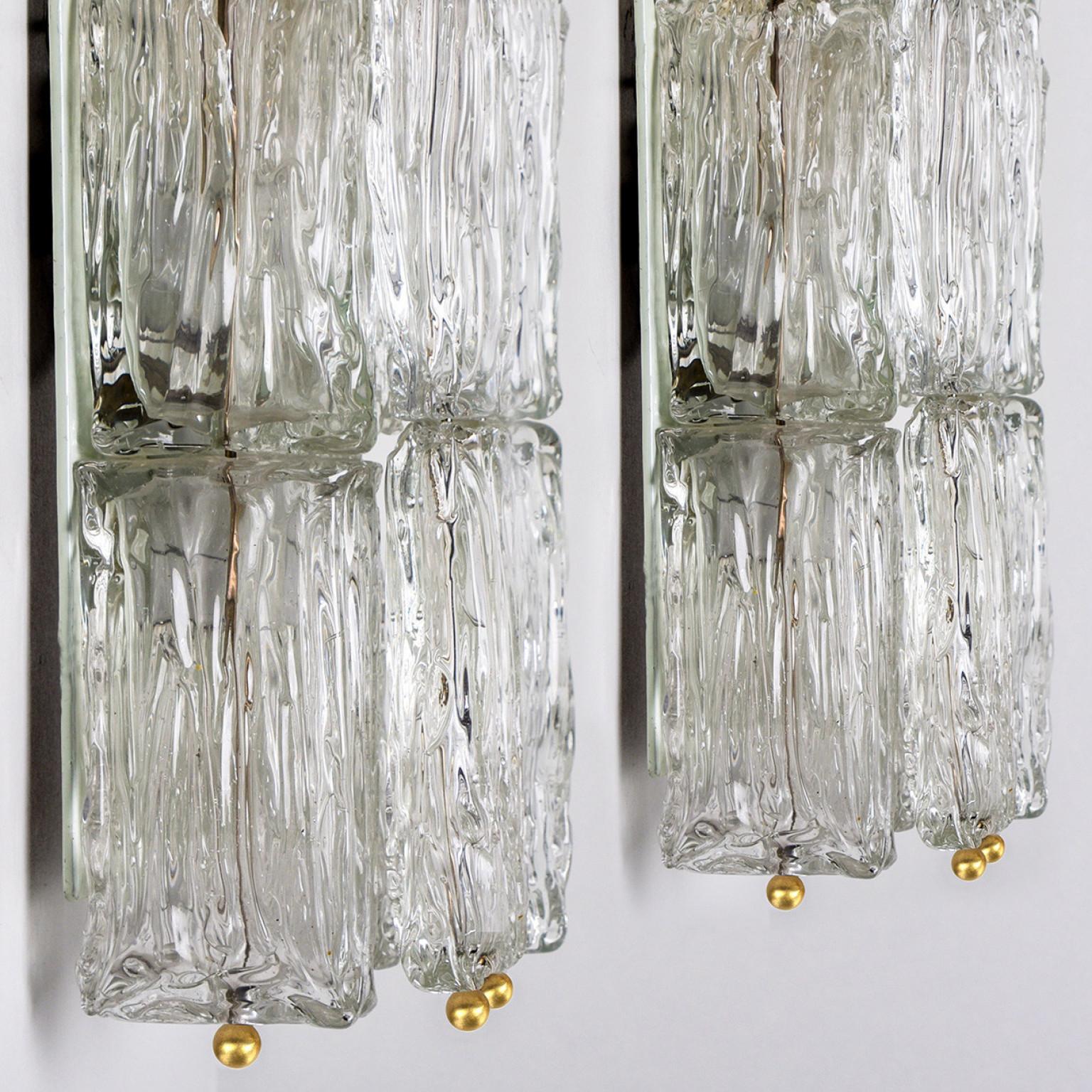 Pair of Thick Textured Glass and Brass Wall Lights by J.T. Kalmar, Austria, 1960 For Sale 2