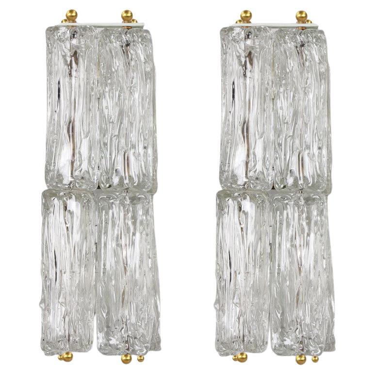 Pair of Thick Textured Glass and Brass Wall Lights by J.T. Kalmar, Austria, 1960 For Sale