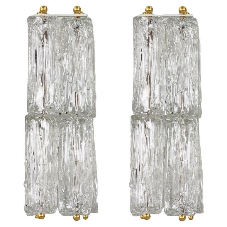 Pair of Thick Textured Glass and Brass Wall Lights by J.T. Kalmar, Austria, 1960