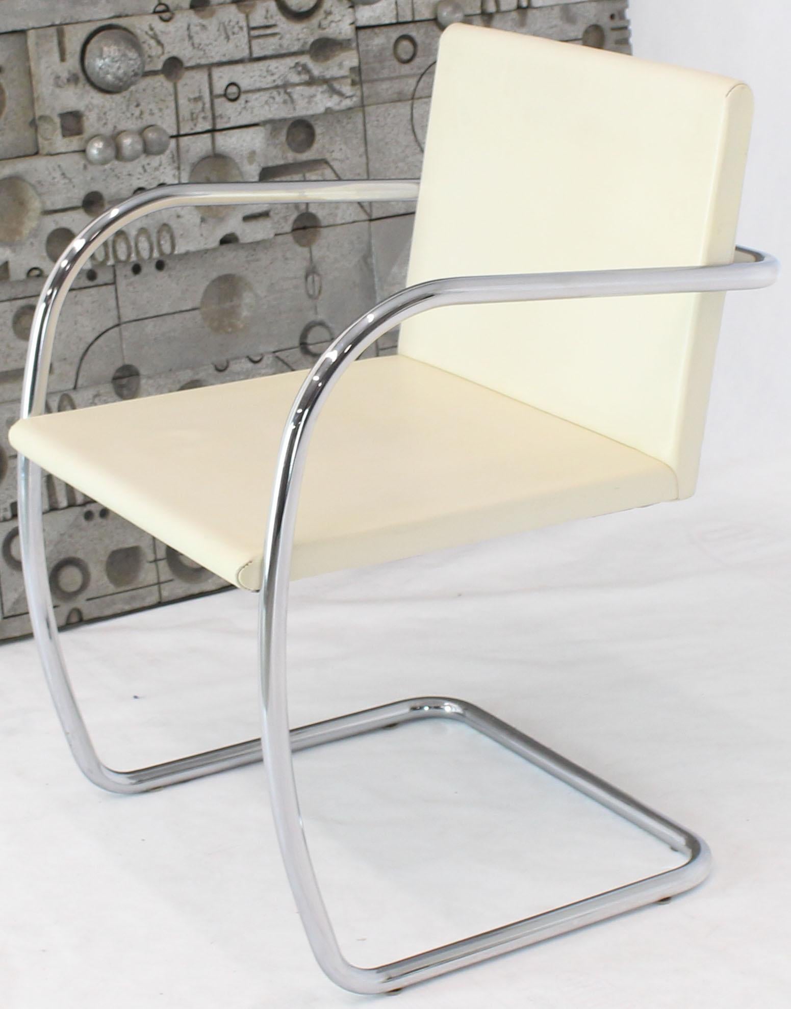 Chrome tubular Brno Mies van der Rohe thin pad off-white leather chairs. This is a super sleek rare thin pad version. Nice cream leather upholstery.
  