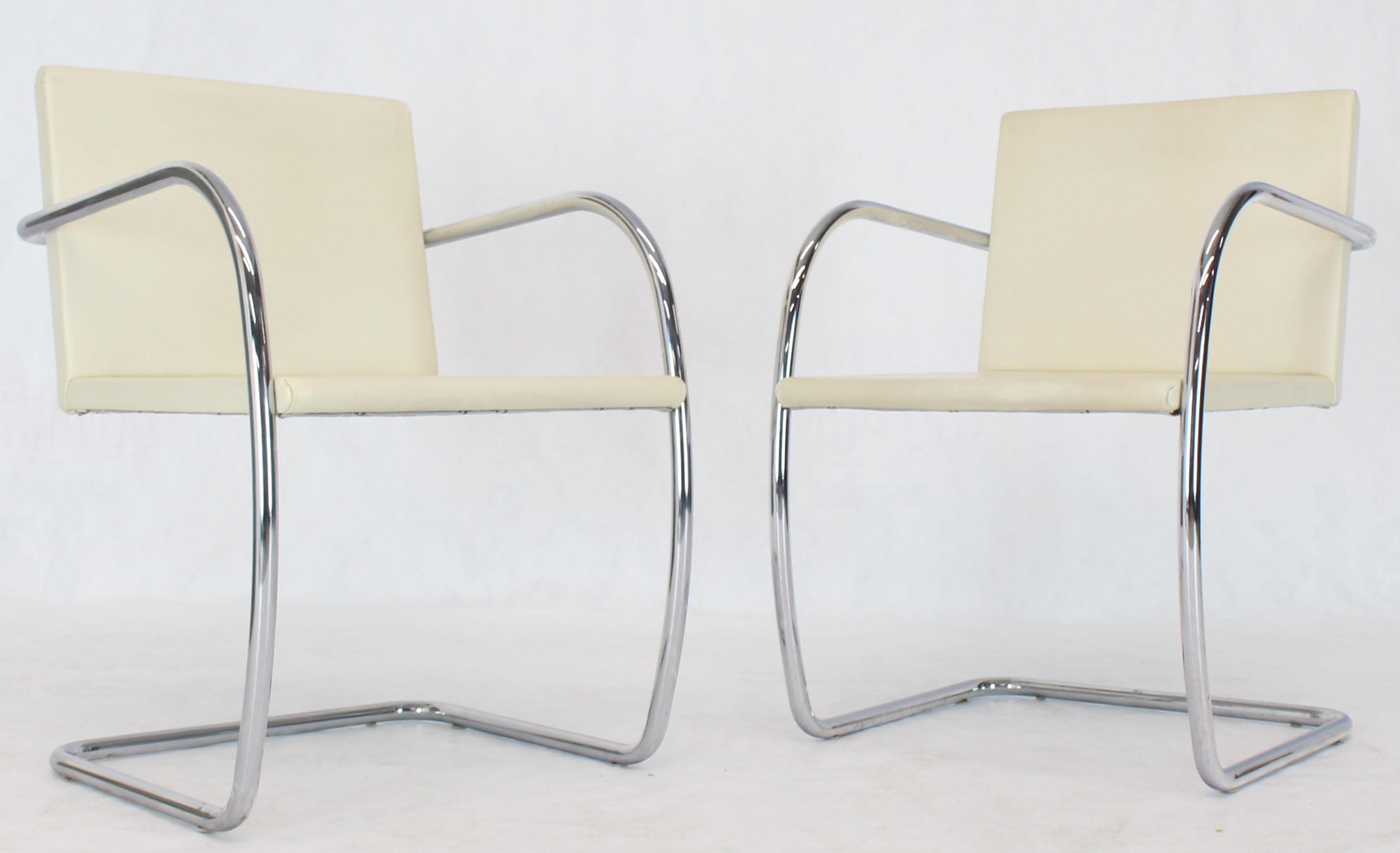 American Pair of Thin Pad Tubular Brno Knoll Cream Leather Chairs Midcentury Bauhaus