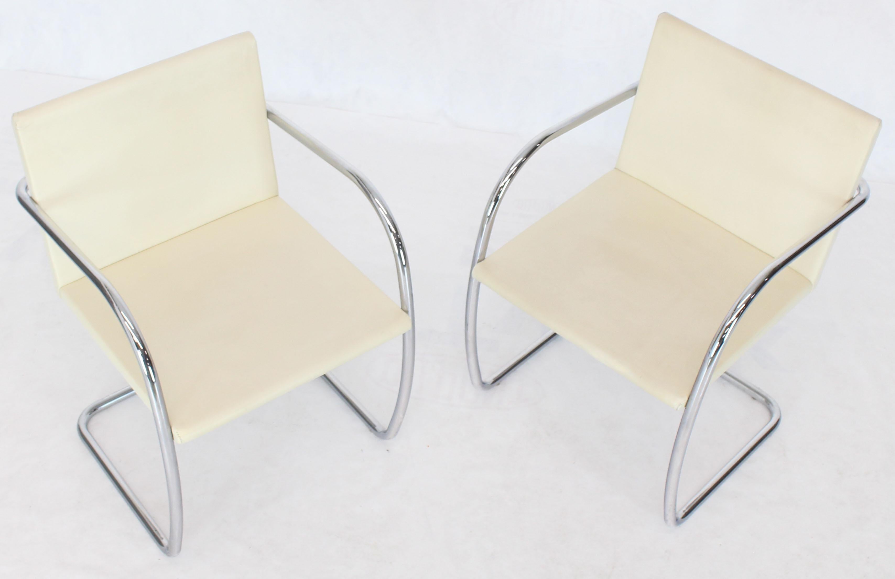 Polished Pair of Thin Pad Tubular Brno Knoll Cream Leather Chairs Midcentury Bauhaus