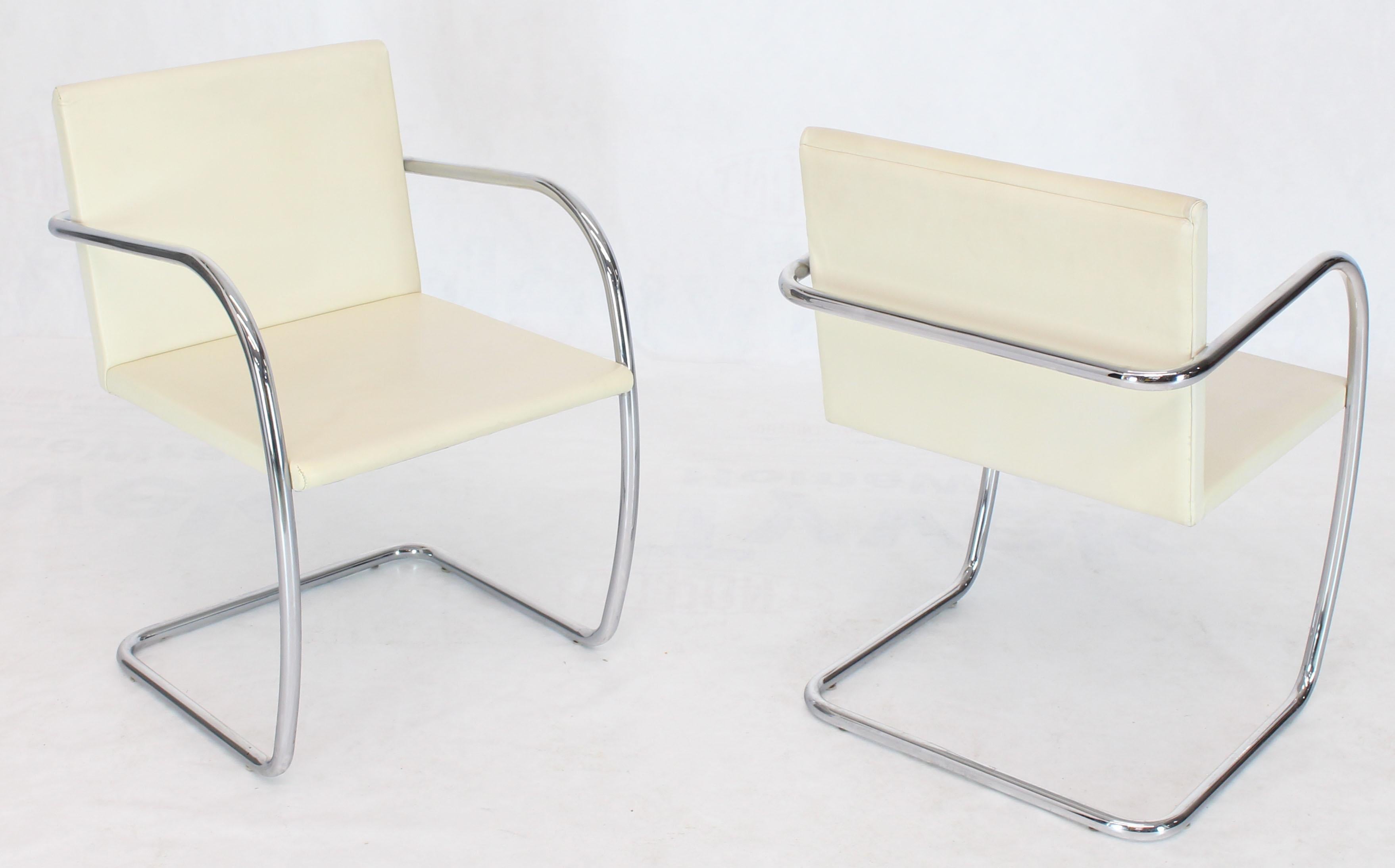20th Century Pair of Thin Pad Tubular Brno Knoll Cream Leather Chairs Midcentury Bauhaus