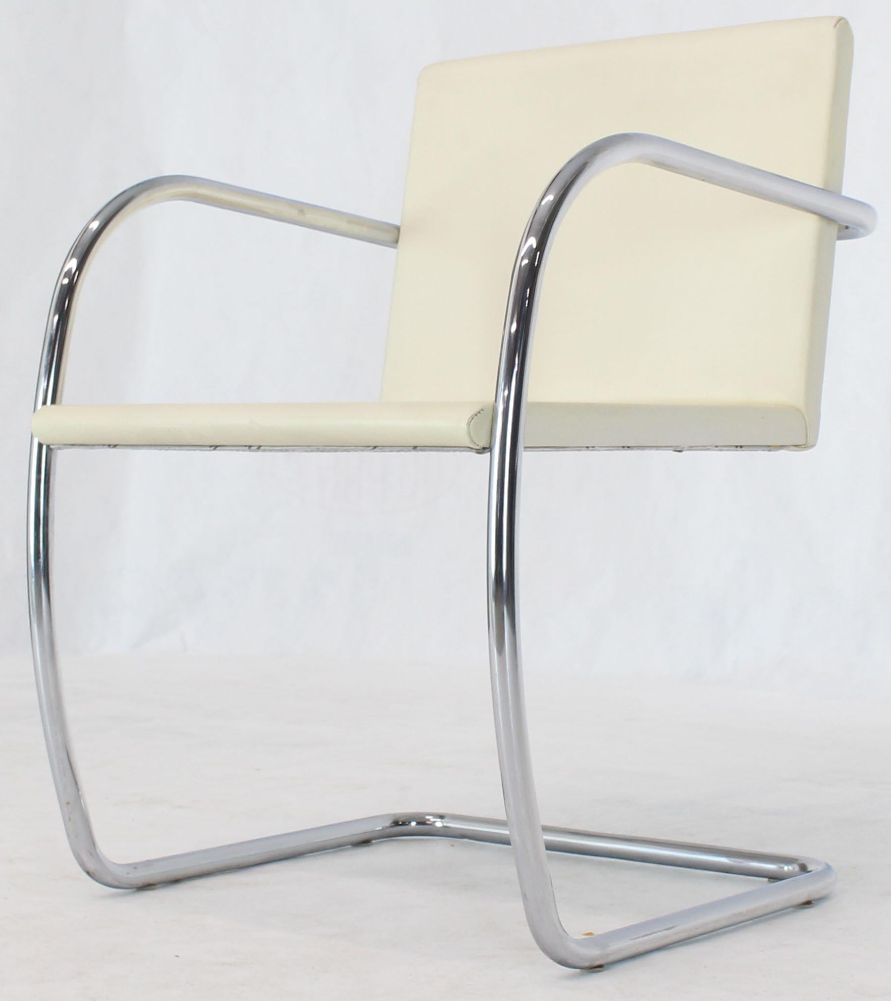 Pair of Thin Pad Tubular Brno Knoll Cream Leather Chairs Midcentury Bauhaus 2