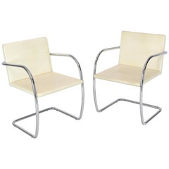 Pair of Thin Pad Tubular Brno Knoll Cream Leather Chairs Midcentury Bauhaus