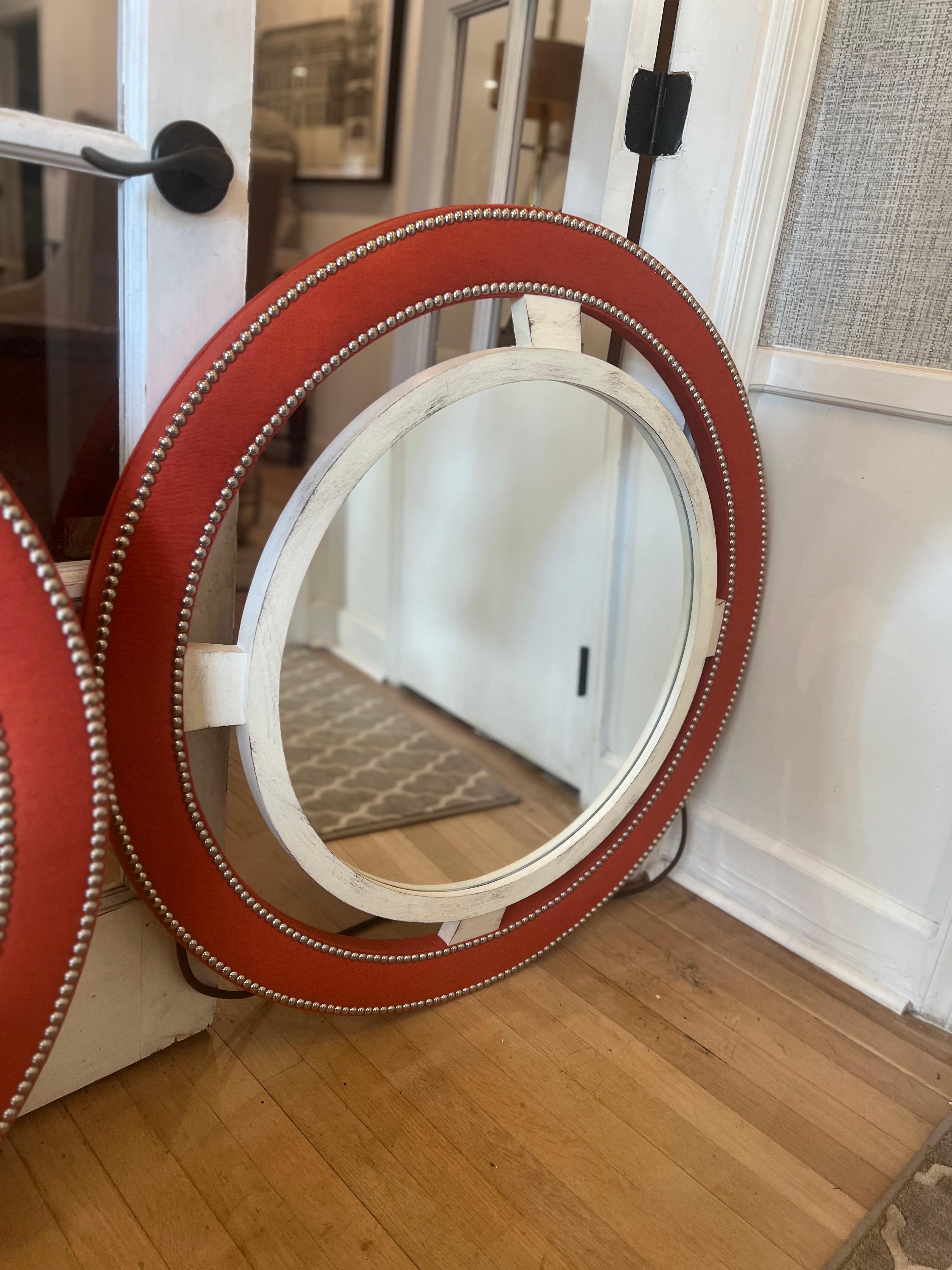 Pair of Designer mirrors.  
Retail: $2k each

Burned Auburn/Orange fabric with white painted walnut.  Brown leather rope.
New-ish condition.


Sold as a pair.  Can separate if needed.
