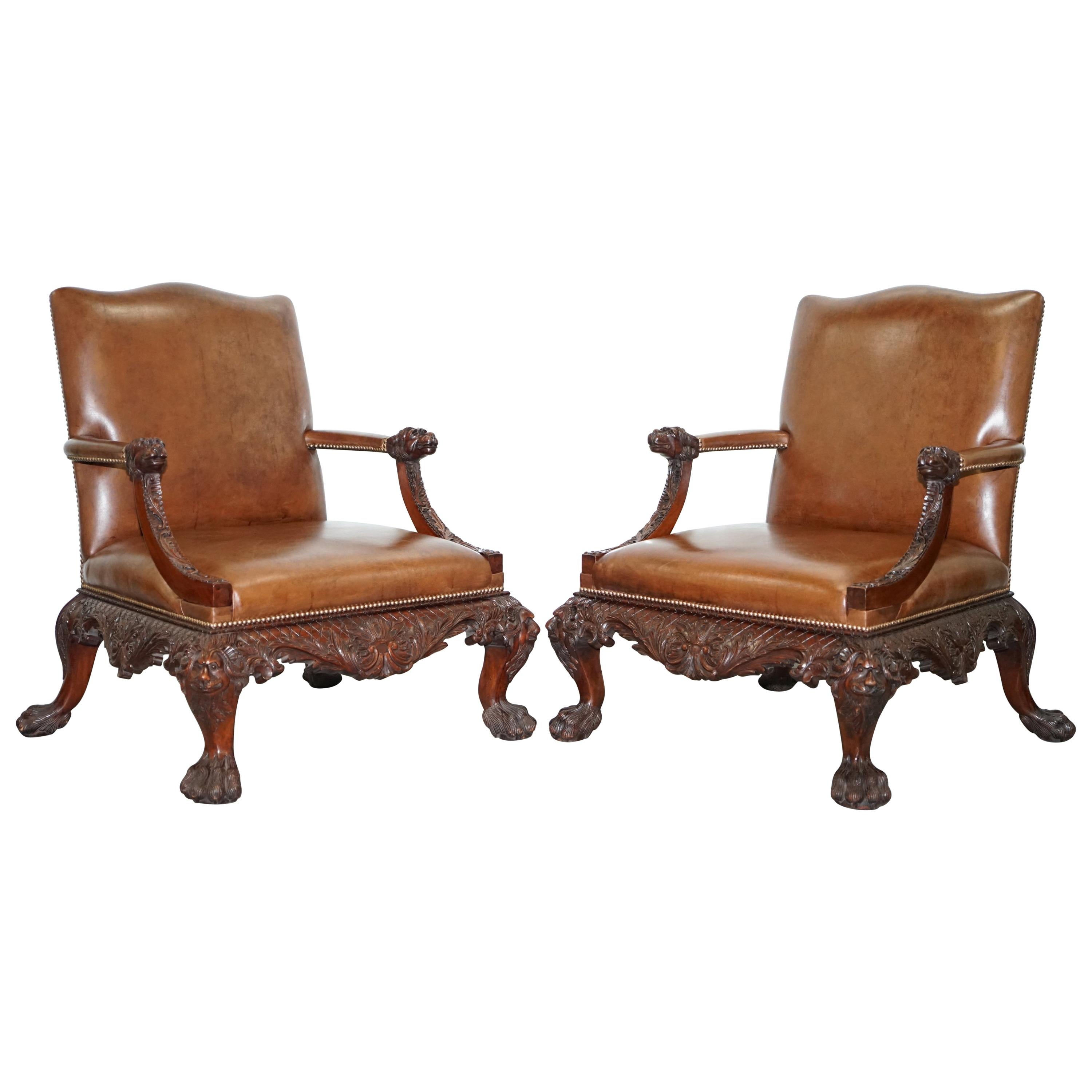 Pair of Thomas Chippendale Brown Leather Library Armchairs Hand-Carved Lions