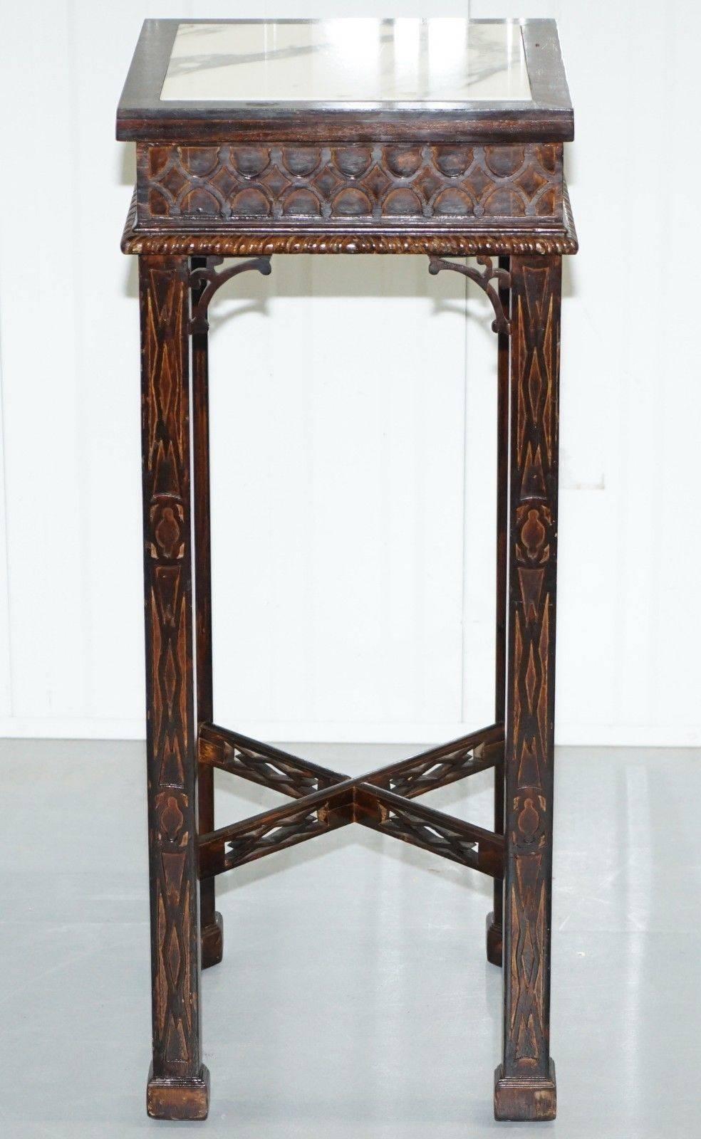 Chinese Chippendale Pair of Thomas Chippendale Chinese Style Marble & Carved Wood Jardinière Stands