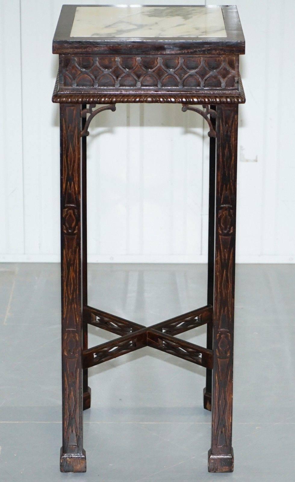 Pair of Thomas Chippendale Chinese Style Marble & Carved Wood Jardinière Stands 2