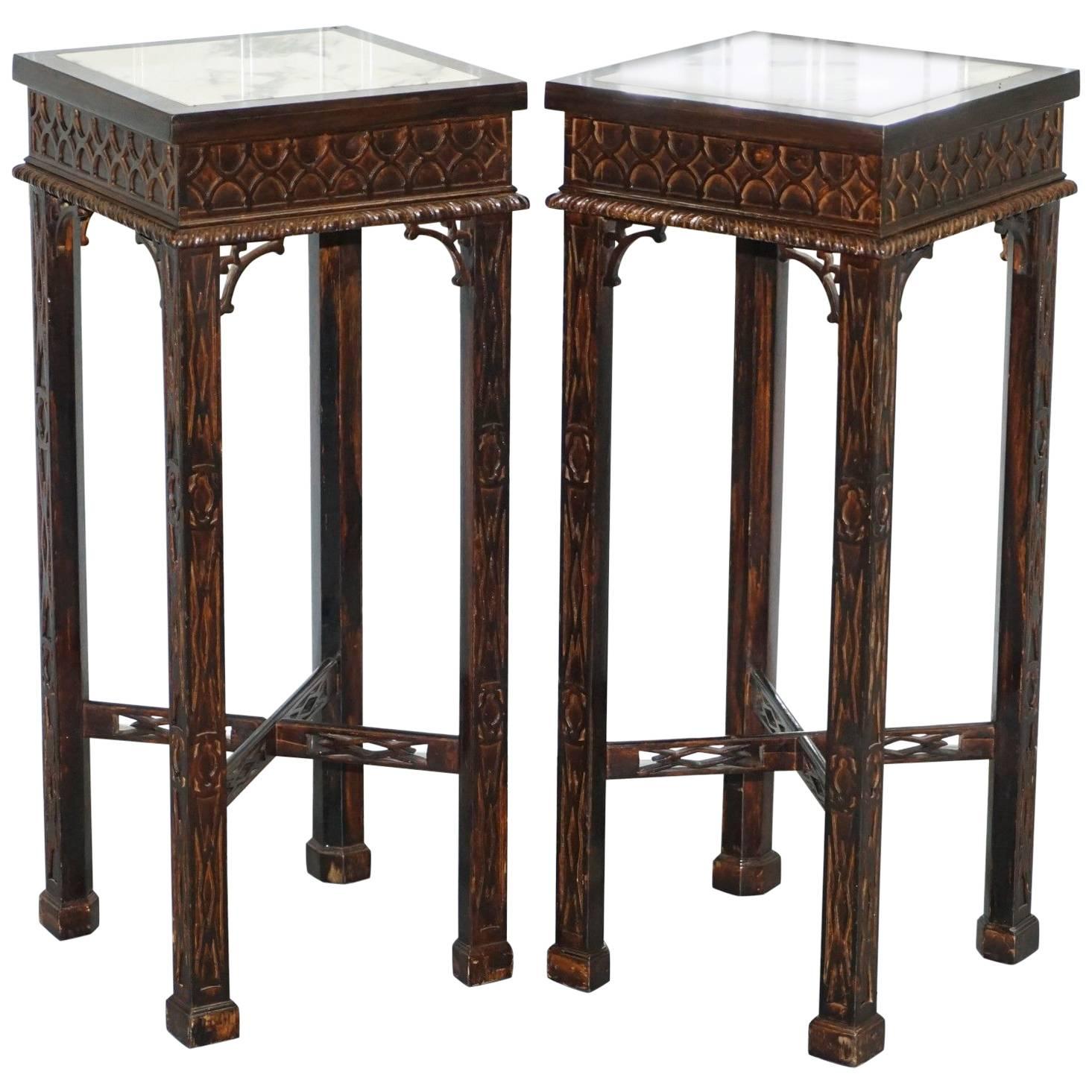 Pair of Thomas Chippendale Chinese Style Marble & Carved Wood Jardinière Stands