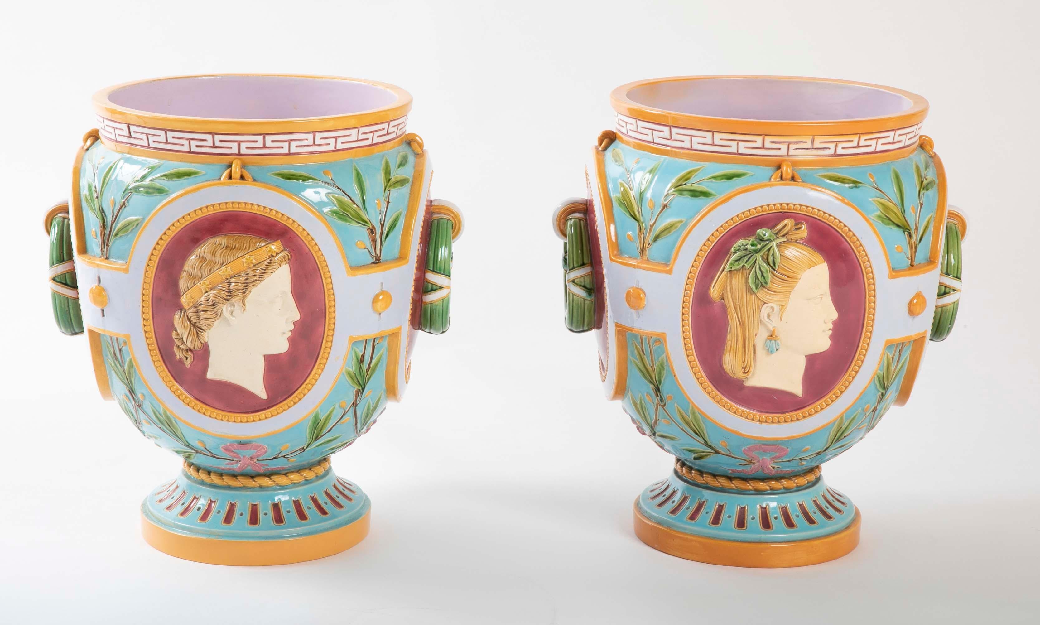 A beautiful pair of English Majolica jardinières by Thomas Minton. Shape numbers 1388 and 1389.