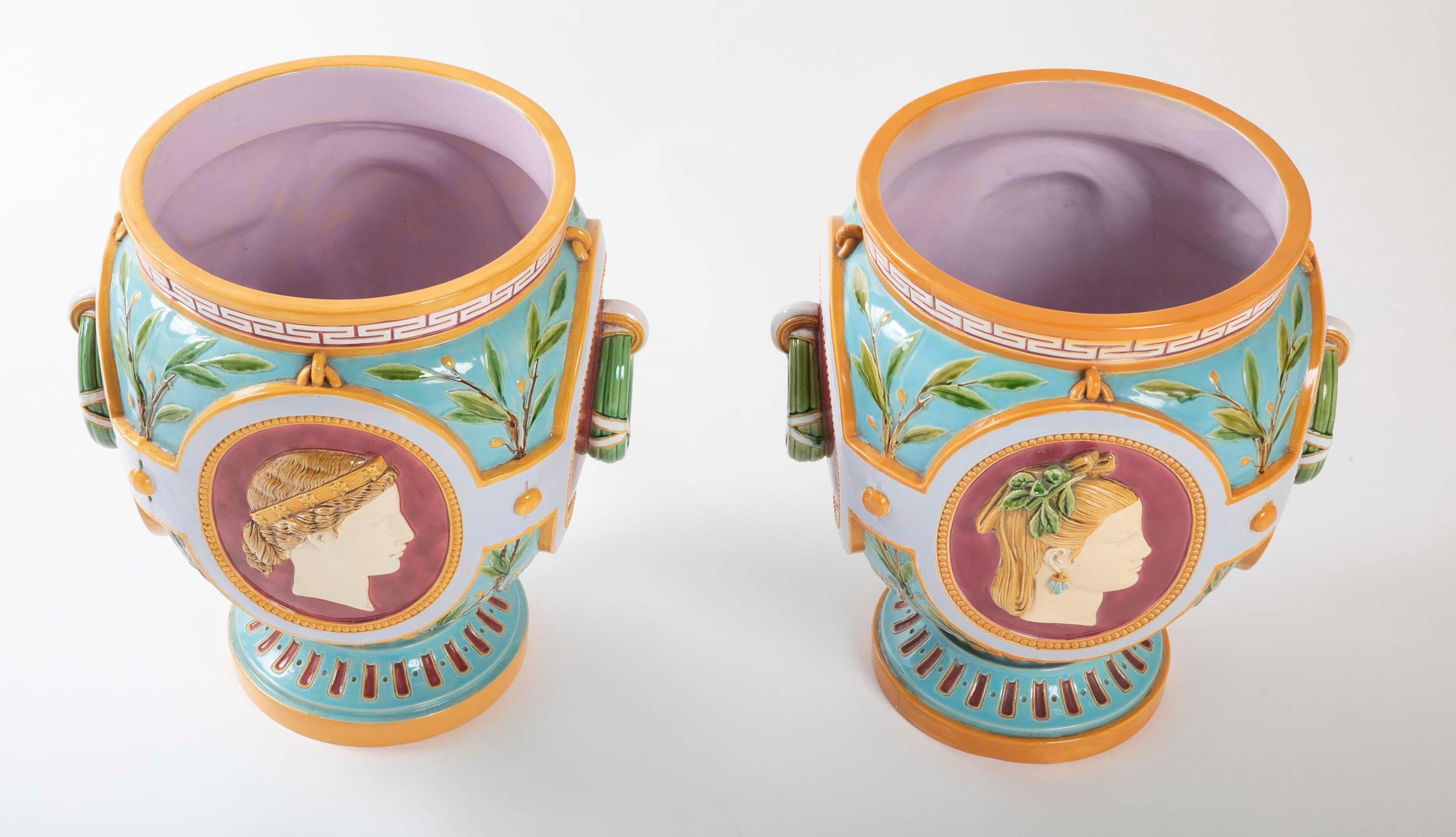 English Pair of Thomas Minton Majolica Jardinières For Sale