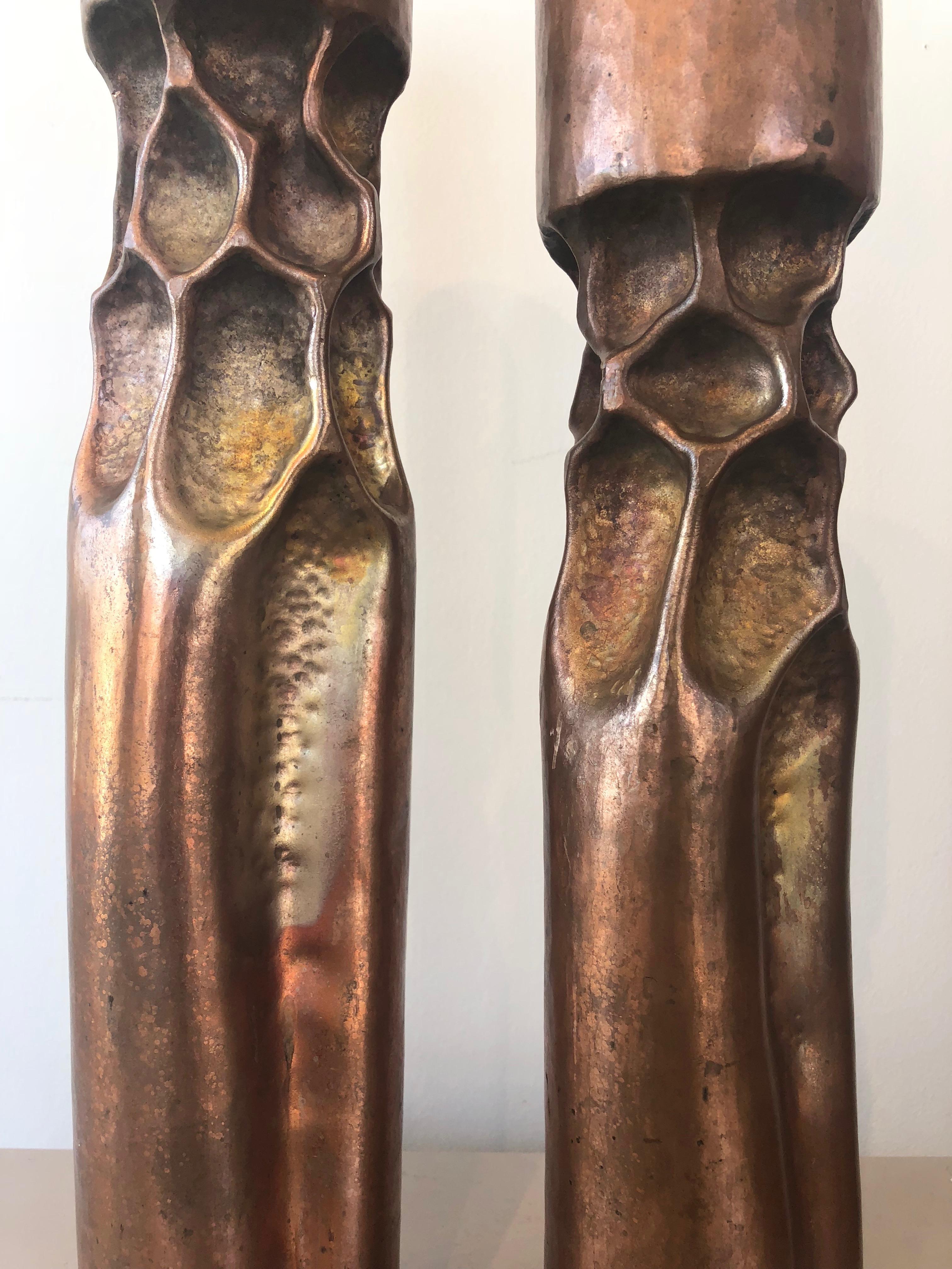 Pair of Thomas Roy Markusen Brutalist Copper Candleholders 3