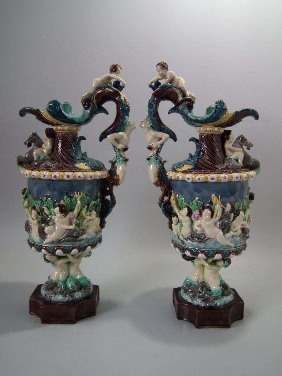 Renaissance Revival Pair of Thomas Sergent Palissy Majolica Mythological Ewers