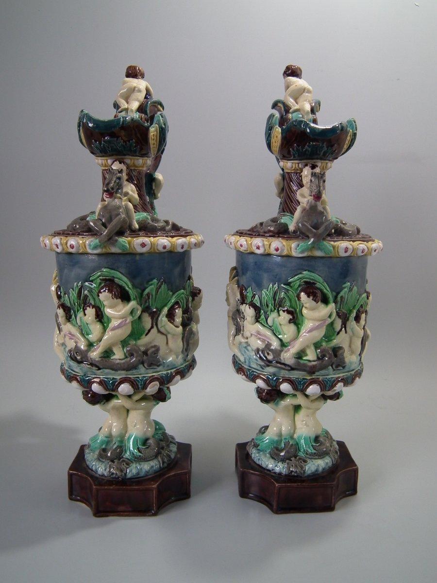 French Pair of Thomas Sergent Palissy Majolica Mythological Ewers