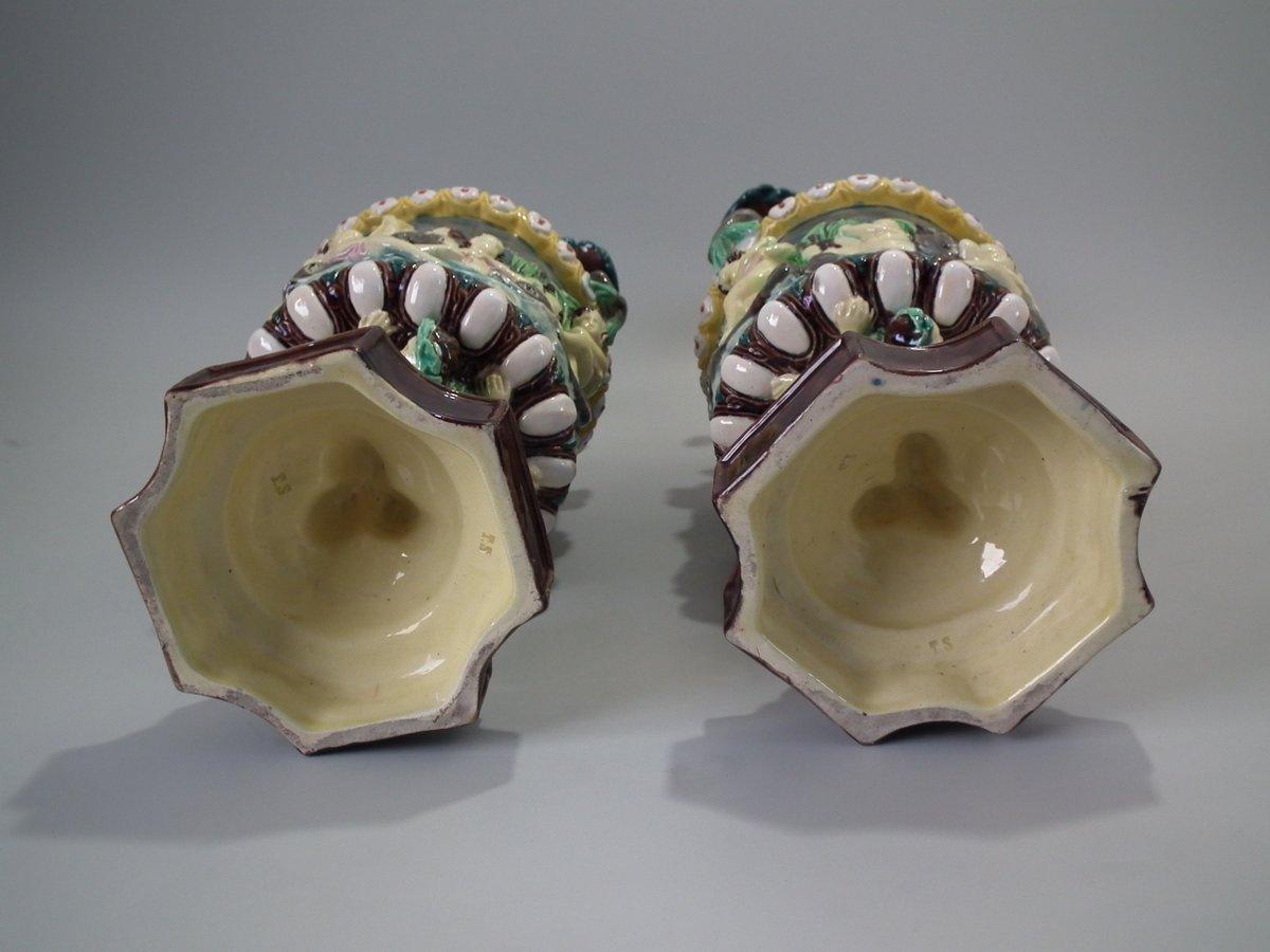 Glazed Pair of Thomas Sergent Palissy Majolica Mythological Ewers