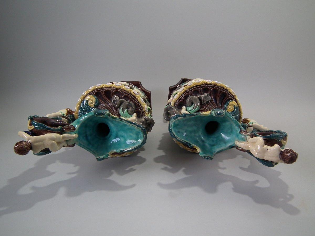 Pair of Thomas Sergent Palissy Majolica Mythological Ewers 1