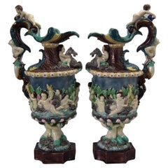 Paire d'aiguières mythologiques Thomas Sergent Palissy Majolica