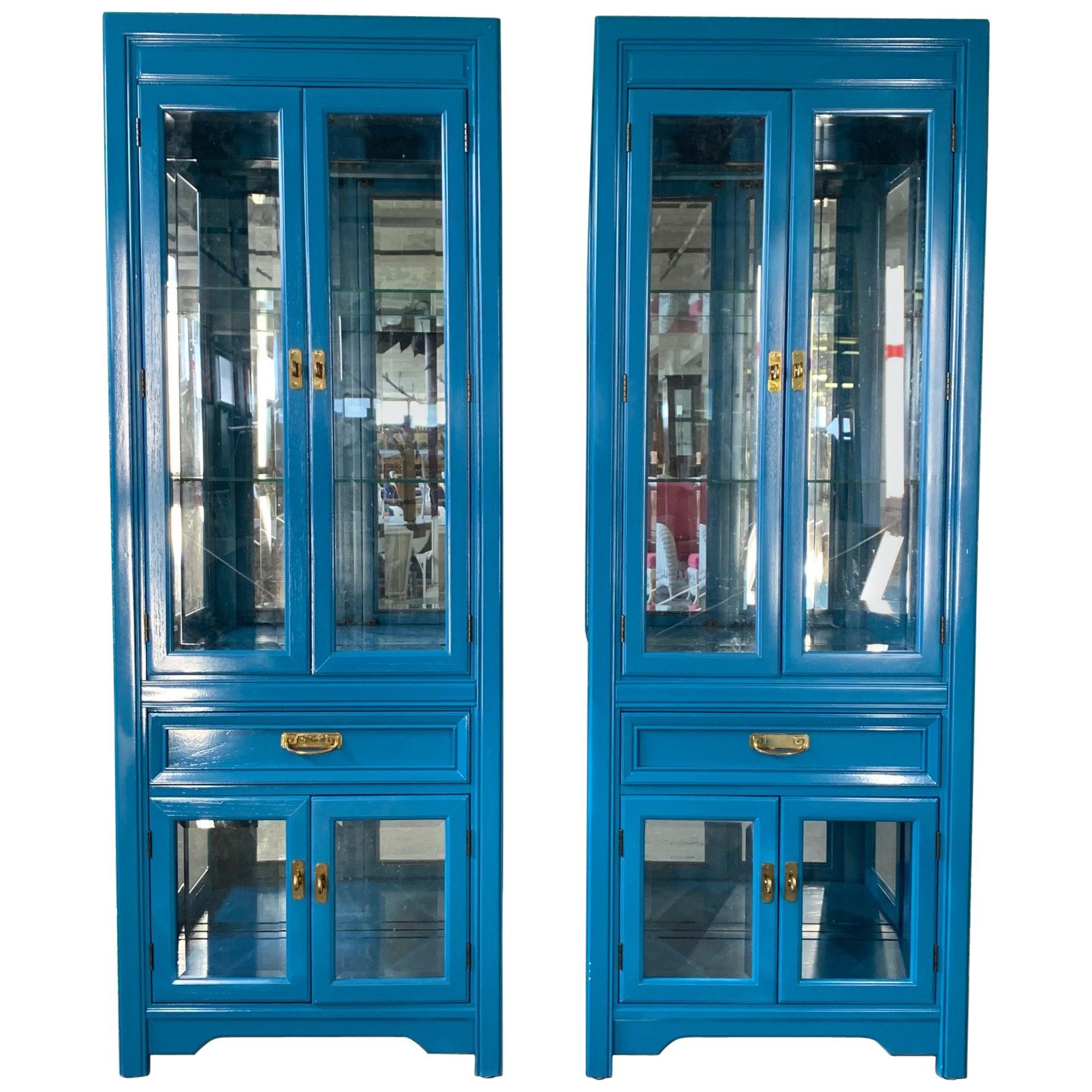 Pair of Thomasville Display Cabinets in Blue Lacquer