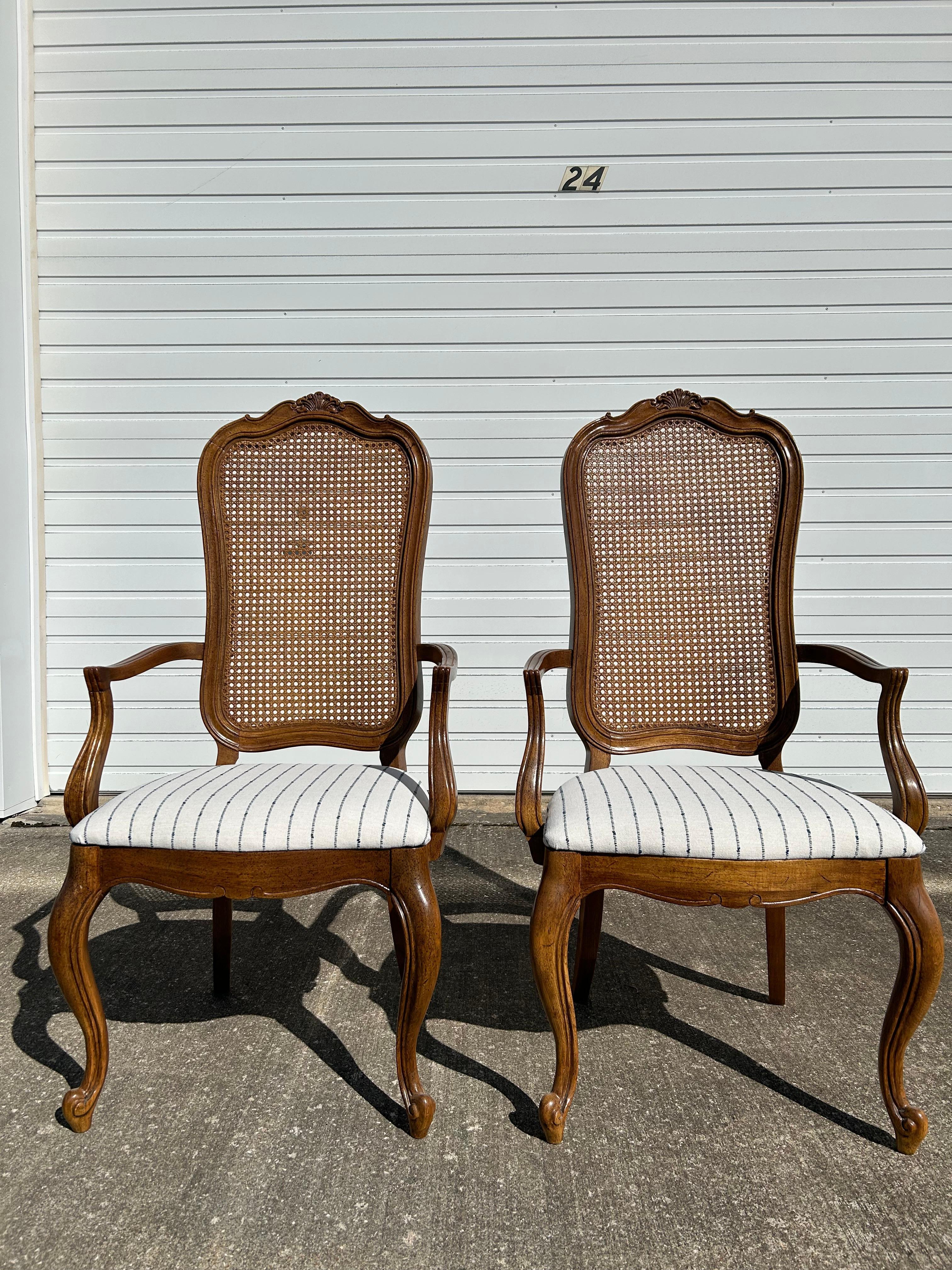 American Pair of Thomasville French Provincial Cane Back Dining Arm Chairs