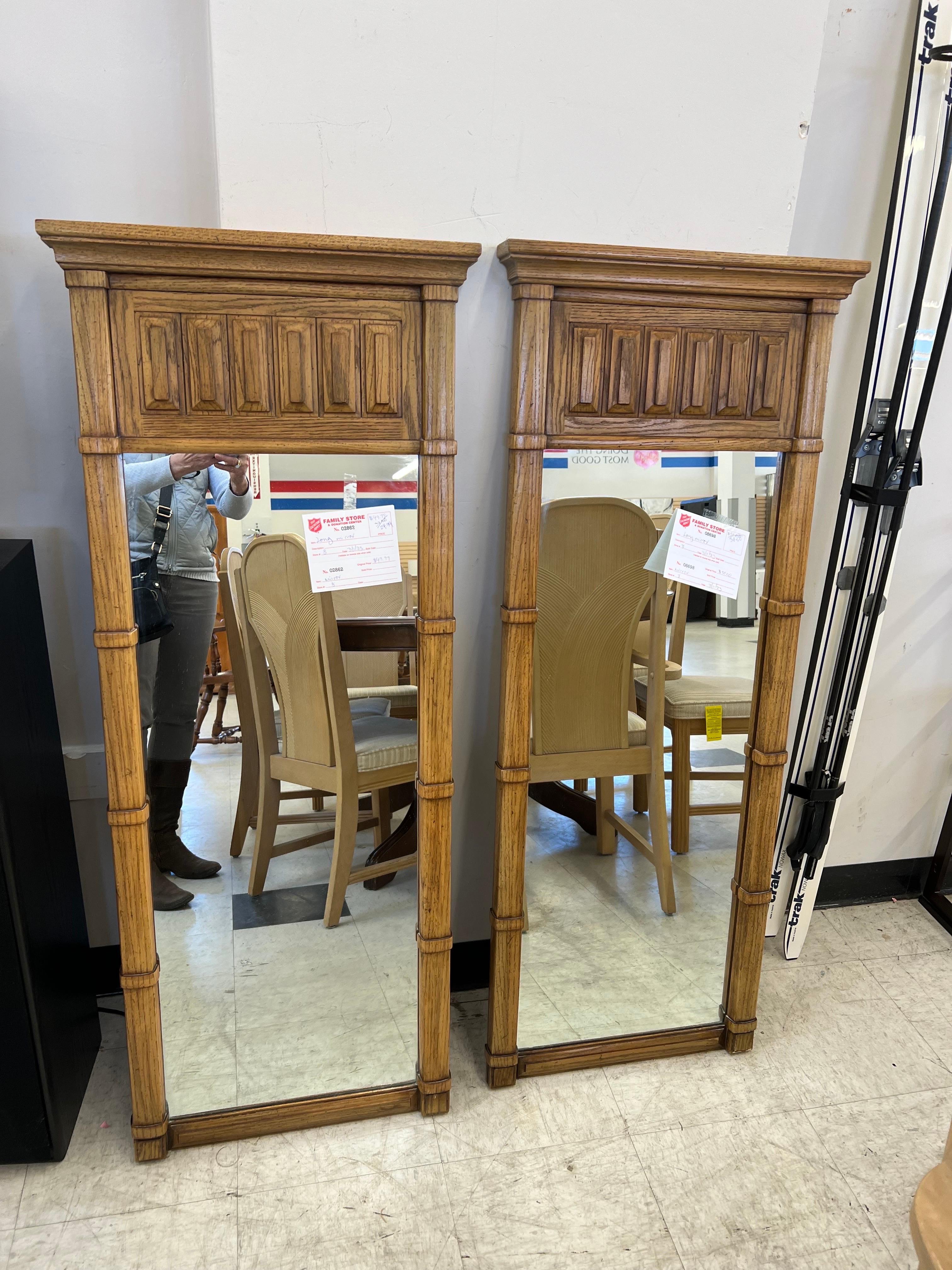 Pair of Thomasville midcentury Wall Mirrors circa 1970s. Perfect for above a vanity for his and hers sink. Solid wooden construction. Timeless design. Price is per set/pair of 2 mirrors. 