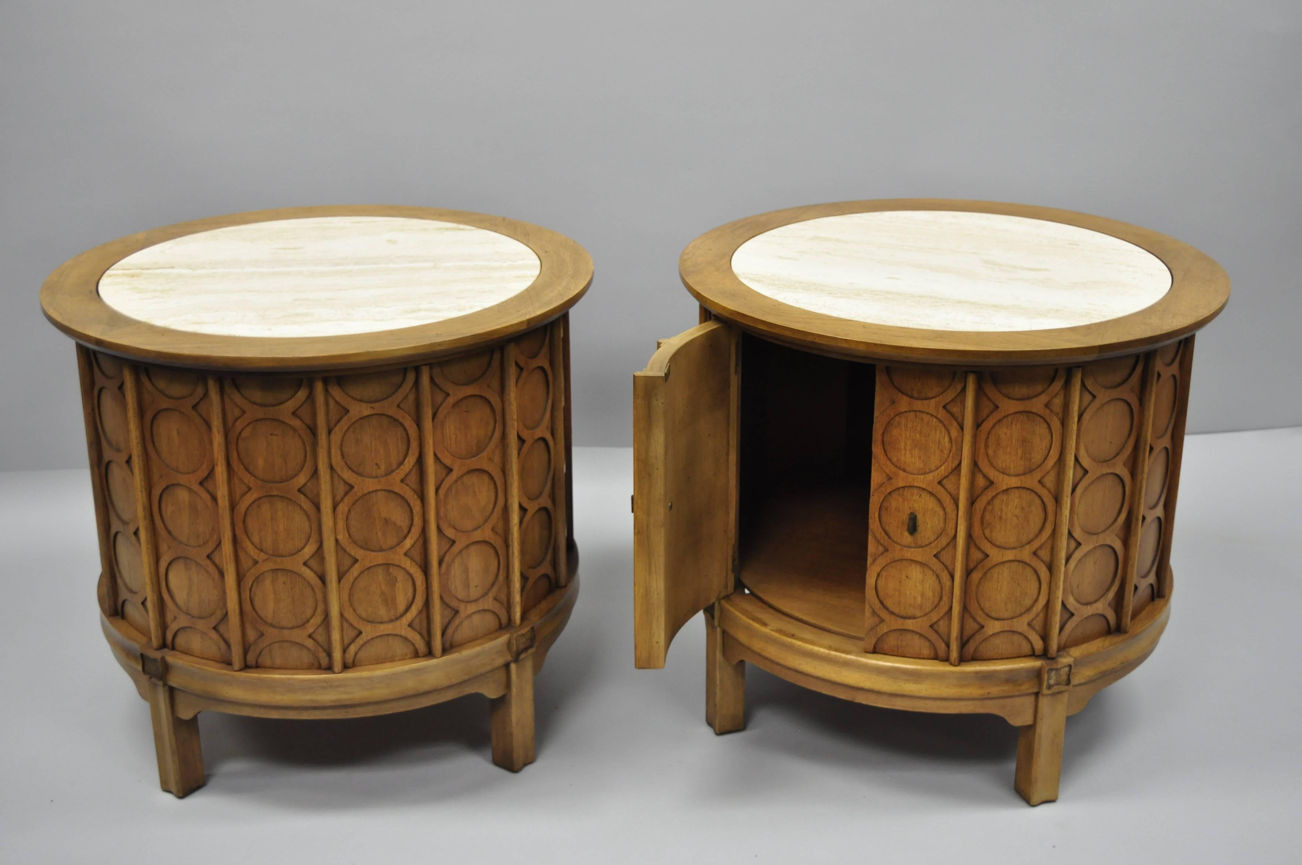Pair of Thomasville Travertine Top Mid-Century Modern Round Commode End Tables 2