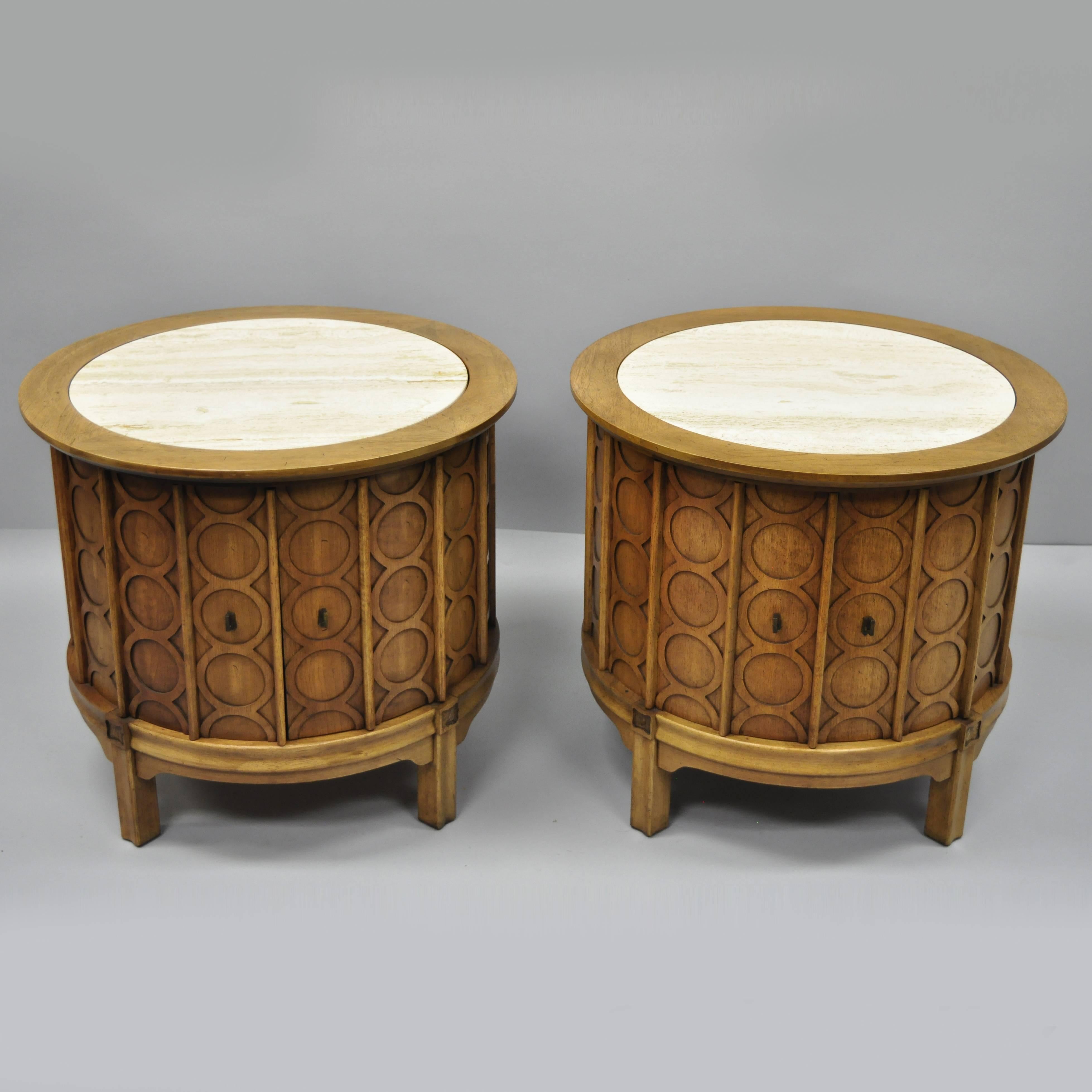 Pair of Thomasville Travertine Top Mid-Century Modern Round Commode End Tables 4