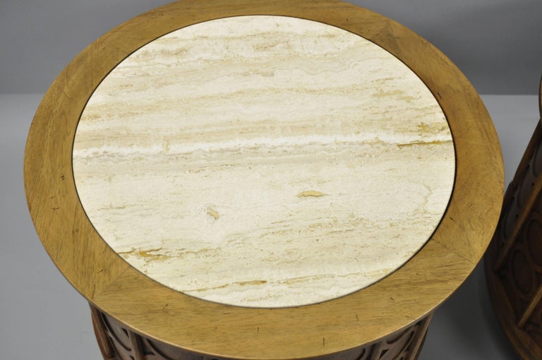 Pair of Thomasville Travertine Top MidCentury Modern Round Commode End
