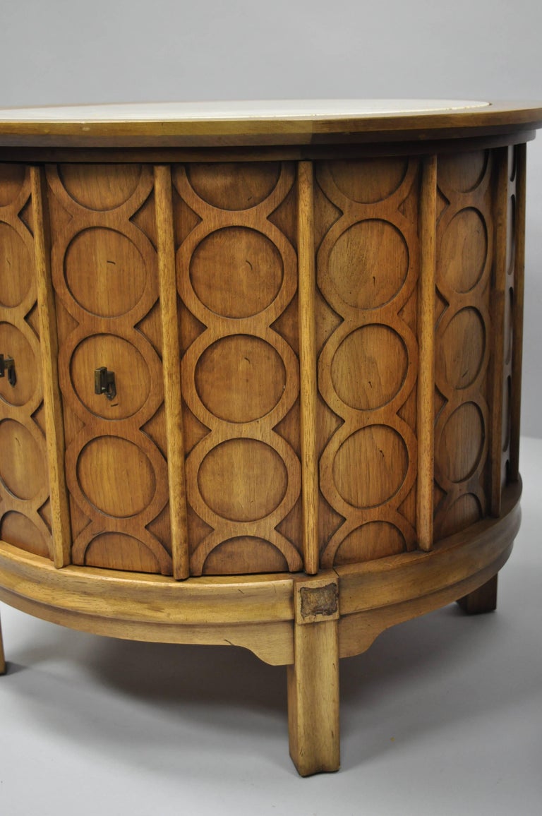 Pair of Thomasville Travertine Top MidCentury Modern Round Commode End