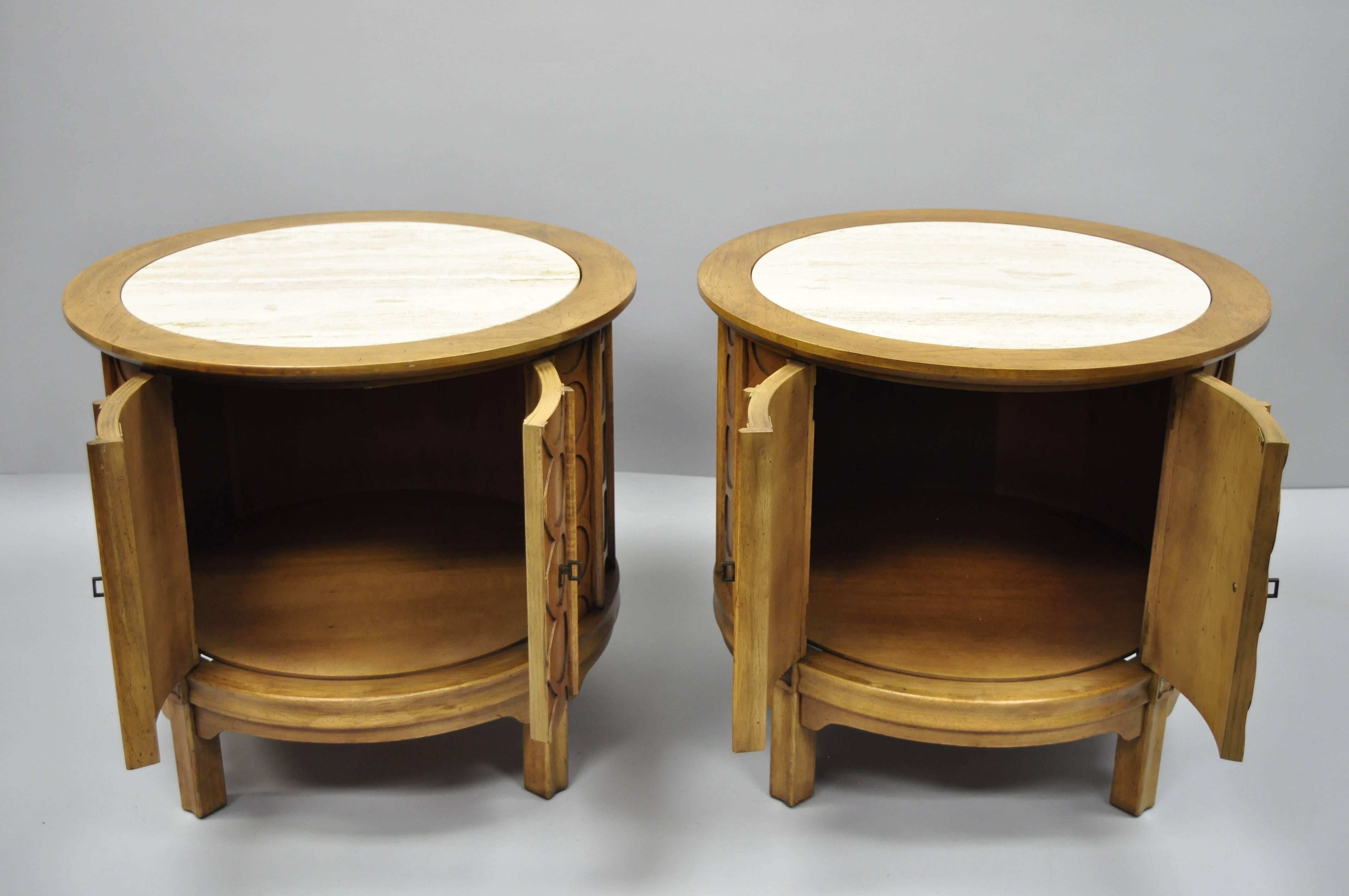 American Pair of Thomasville Travertine Top Mid-Century Modern Round Commode End Tables