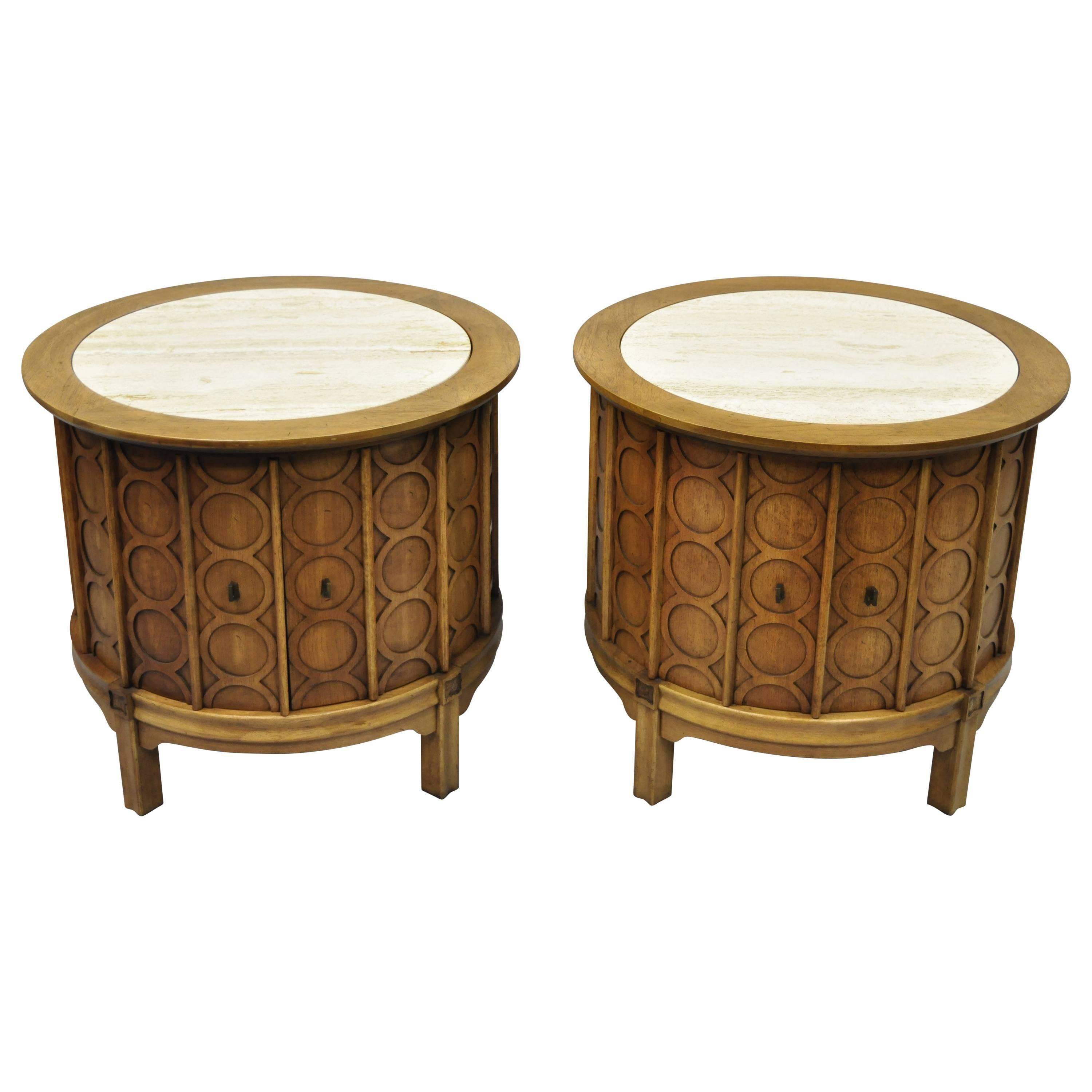 Pair of Thomasville Travertine Top Mid-Century Modern Round Commode End Tables
