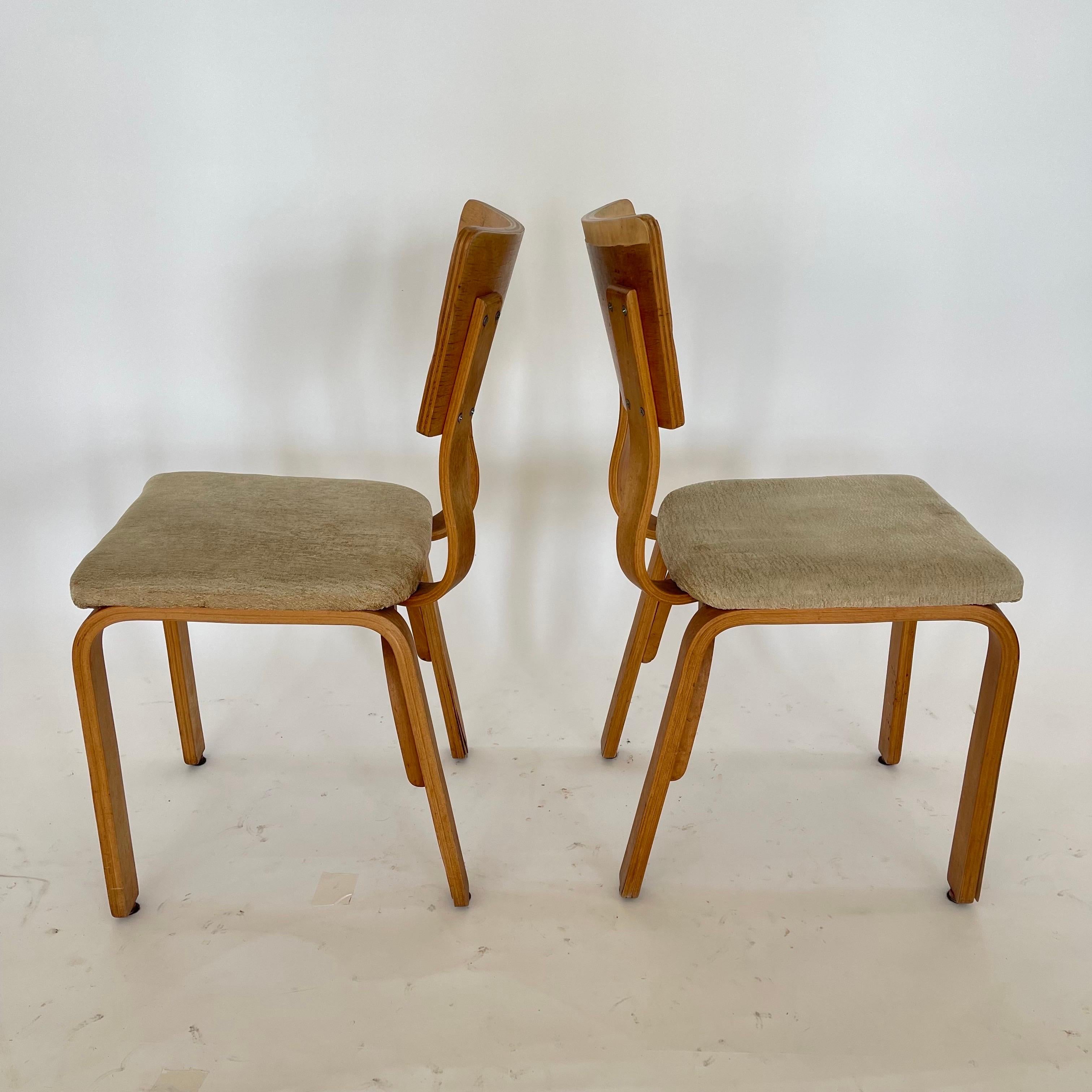 Molded Pair of Thonet 1216-S17-B1 Bent Plywood Upholstered Seat Dining Chairs, 1940s For Sale