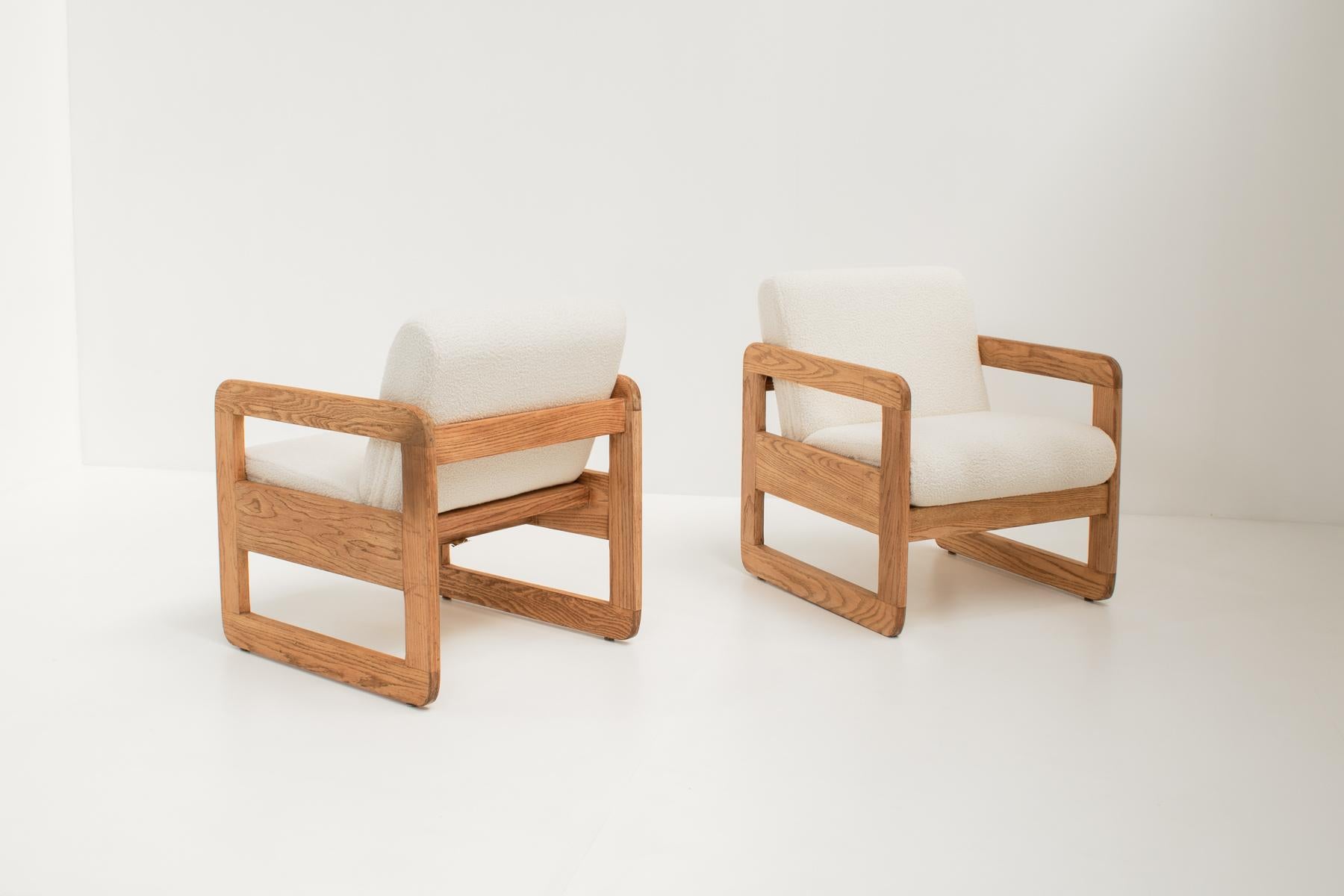 Italian Pair of Thonet Armchairs in Bouclé and Oak