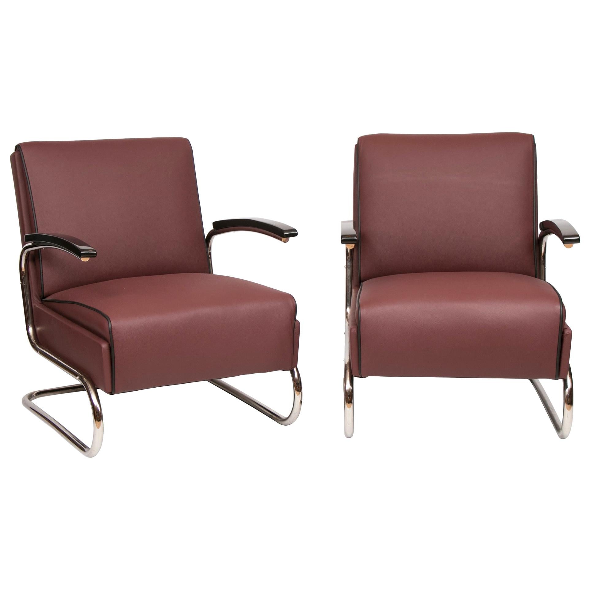 Pair of Thonet Art Deco Armchairs Bauhaus Design with Polished Cantilever Frames For Sale