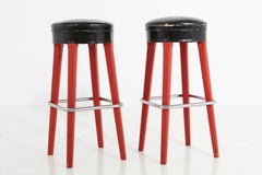 Pair of Thonet Bar Stools with Red Wooden Base and Black Seats, circa 1930s