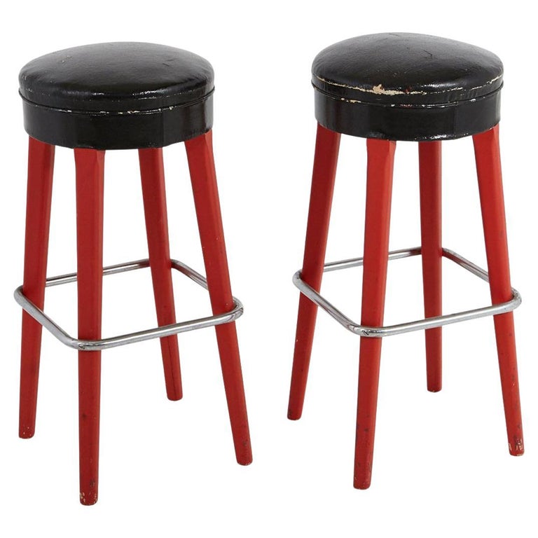 Pair of Bar Stools with Red Wooden Base and Black Seats, circa 1930s For Sale at 1stDibs
