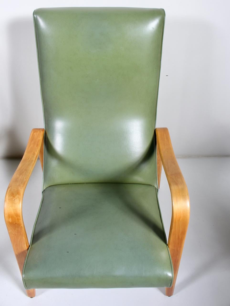 Pair of Thonet Birch Bentwood and Pale Olive Naugahyde High Back Lounge Chairs For Sale 3