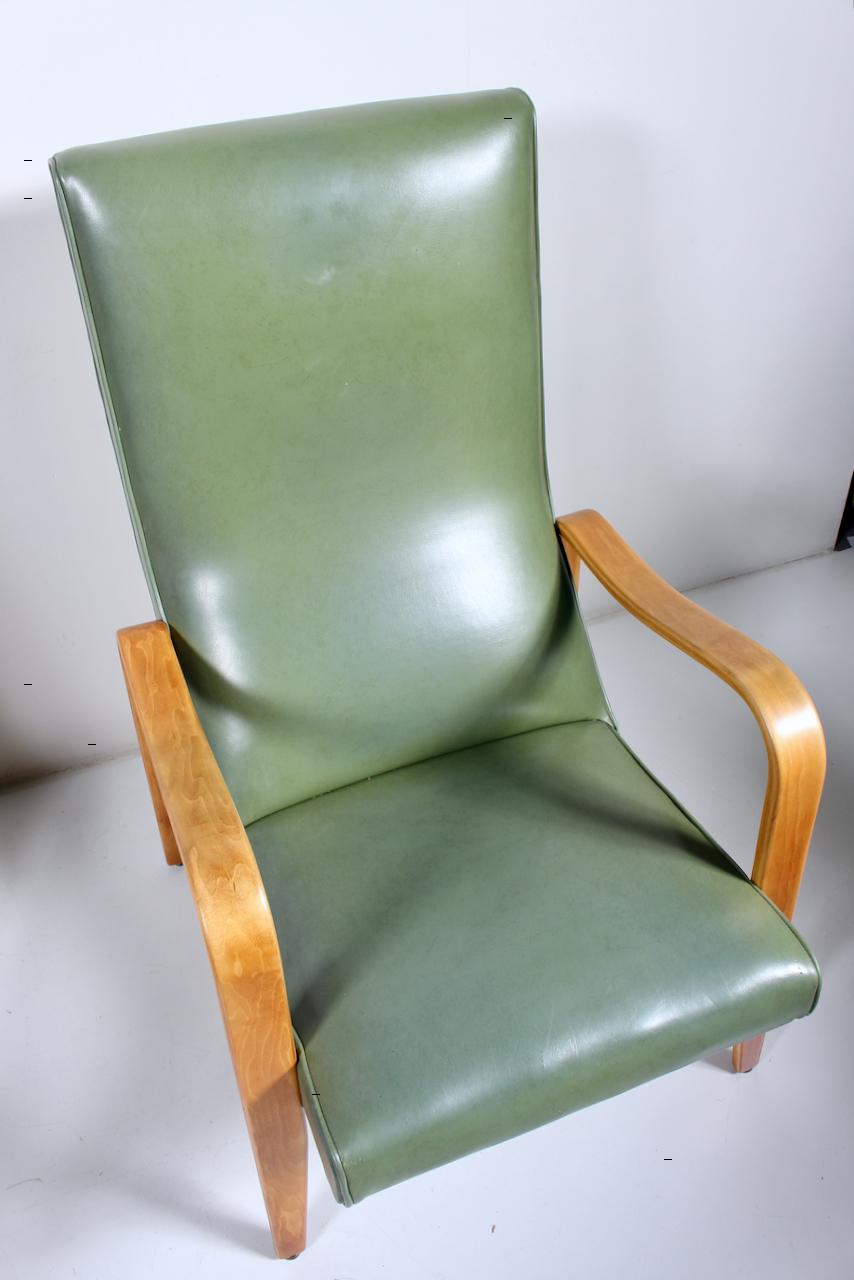 Pair of Thonet Birch Bentwood and Pale Olive Naugahyde High Back Lounge Chairs For Sale 4