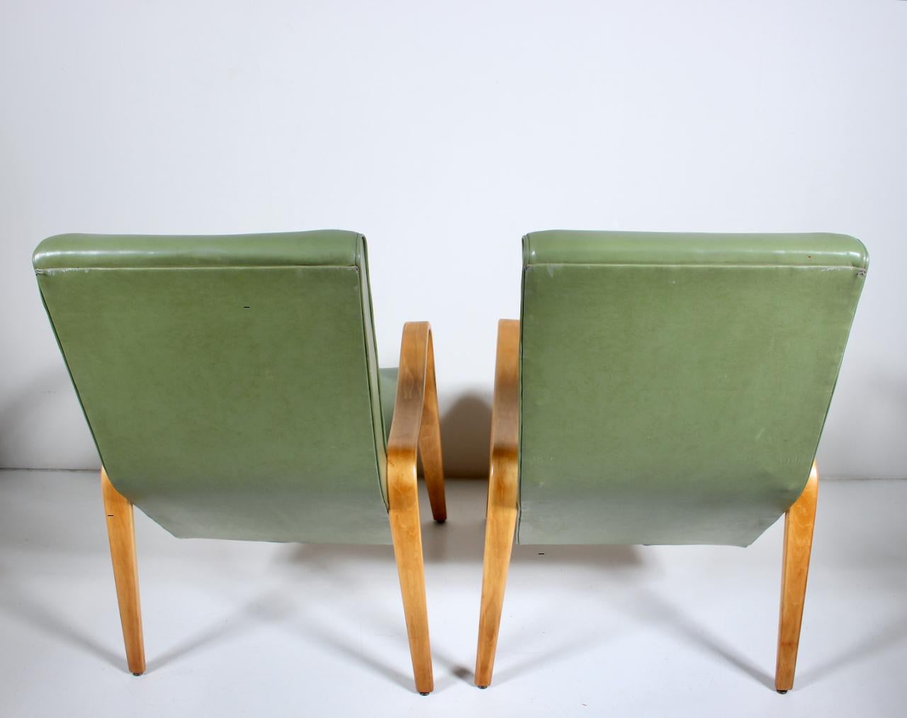 Pair of Thonet Birch Bentwood and Pale Olive Naugahyde High Back Lounge Chairs For Sale 5