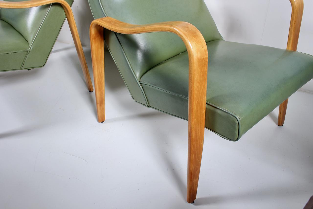 Pair of Thonet Birch Bentwood and Pale Olive Naugahyde High Back Lounge Chairs For Sale 6