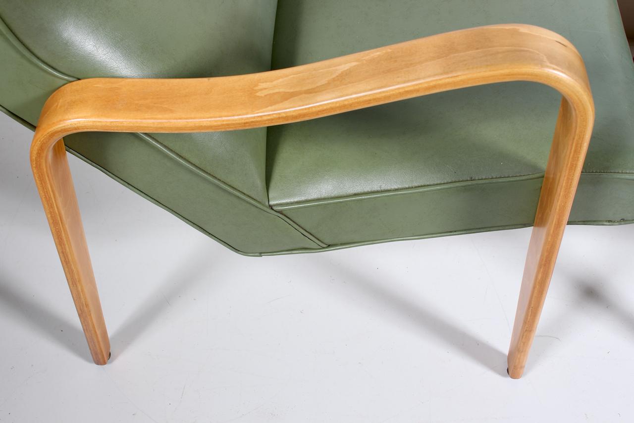 Pair of Thonet Birch Bentwood and Pale Olive Naugahyde High Back Lounge Chairs For Sale 7